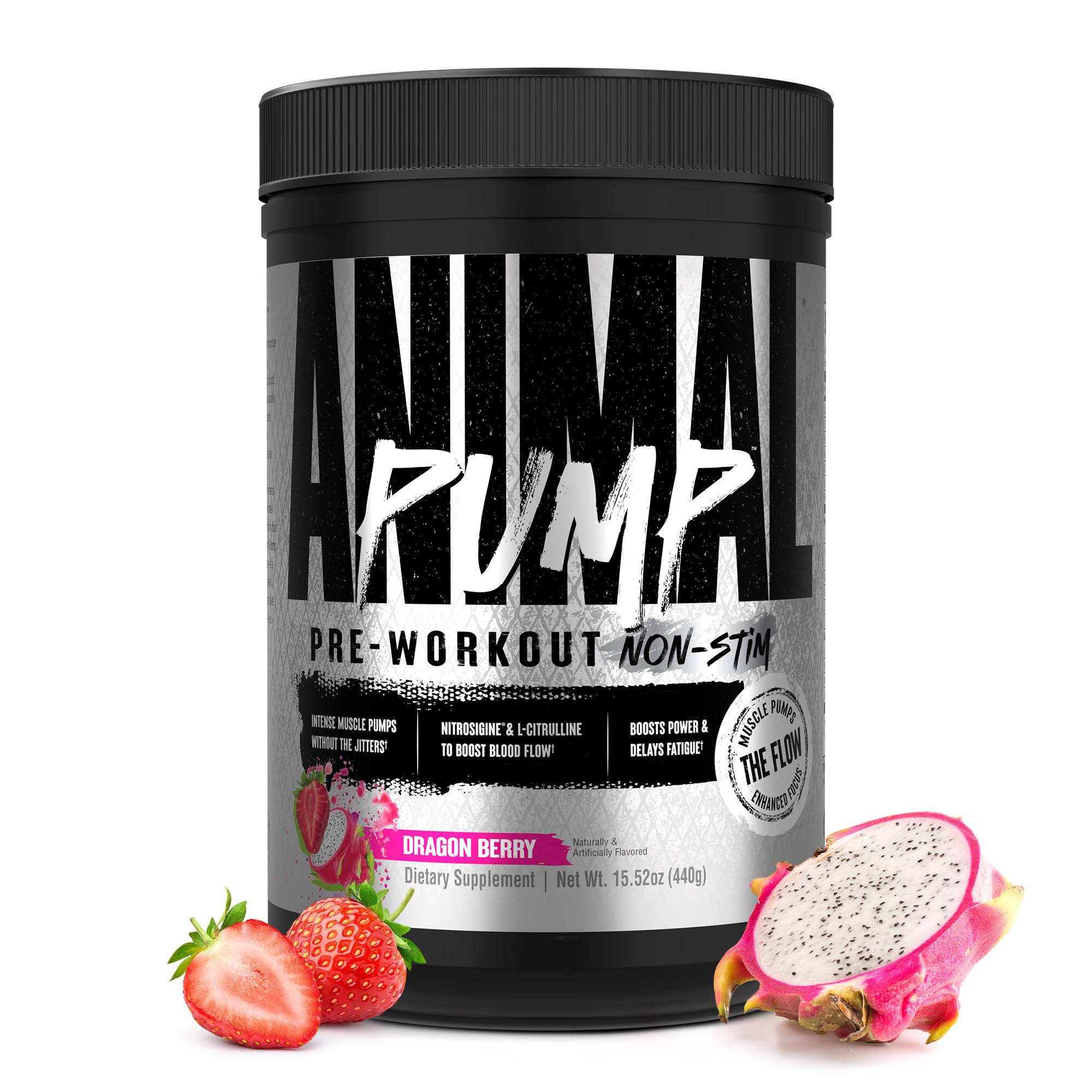 ANIMAL Pump Non-Stim Pre Workout Powder - koffeinfreies Preworkout für Energie, Fokus & Muskelaufbau, Beta Alanin, Citrullin, Nitrosigin und Nootropics, Dragon Fruit, 440g