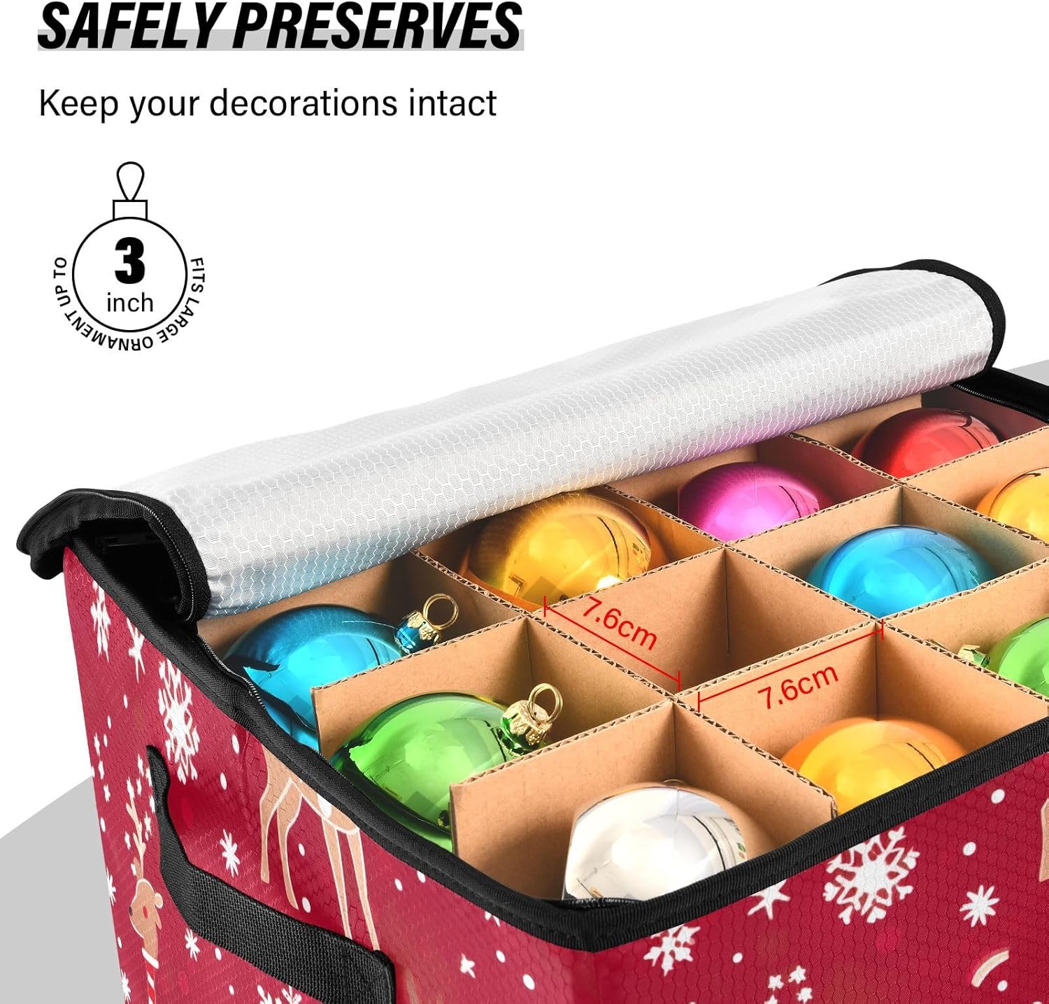 Christmas Reindeers Christmas Ornament Storage Box for Next Season Holiday Decorations Storage Container with Adjustable Dividers & Lid Foldable Storage Bins for Organizing Ornaments Balls Decor