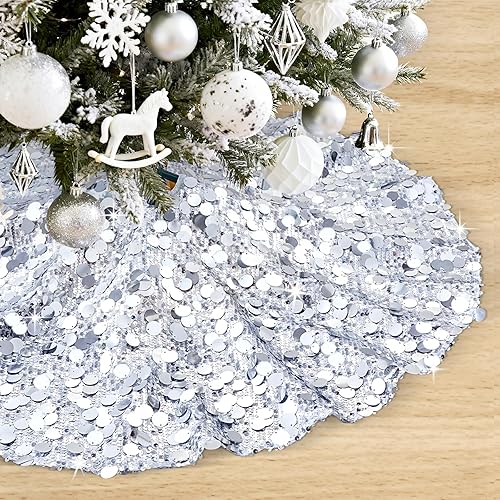 Falda de árbol de Navidad plateada de 36 pulgadas, falda de árbol de Navidad con lentejuelas brillantes, decoraciones de Navidad con purpurina,