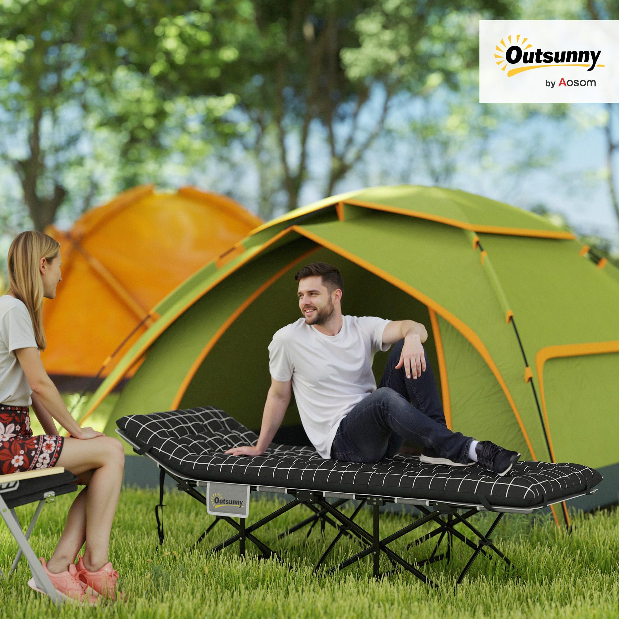 Outsunny Lit de Camping Pliable avec Matelas, Lit de Camp Pliant, Pochette latérale et Sac intégré, transat Chaise Longue en métal et Tissu Oxford, 190 x 67 x 37 cm, Charge 150 kg, Noir