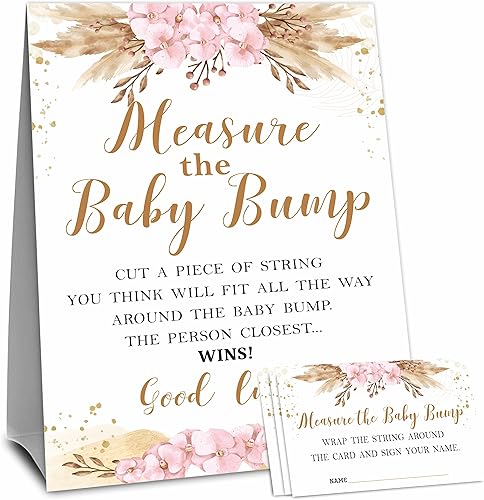 Set de juego bohemio floral para baby shower, medida maternal bump, letrero independiente y 50 boletos, revelación de género, anuncio y actividad de