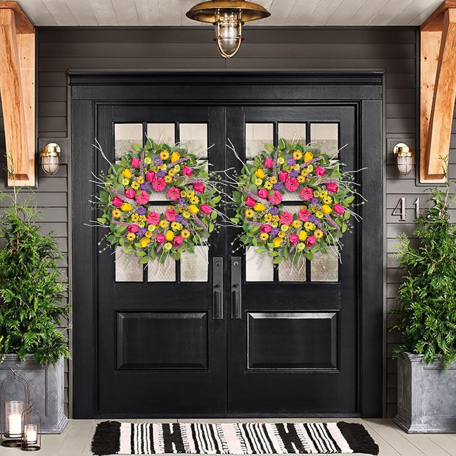 ICX Spring Wreaths for Front Door, 24 Inch Artificial Tulip & Wildflower Floral Wreath, Large Spring Front Door Wreath, Flower Wreath for Porch Wall Farmhouse Window Home Decor Housewarming Gift