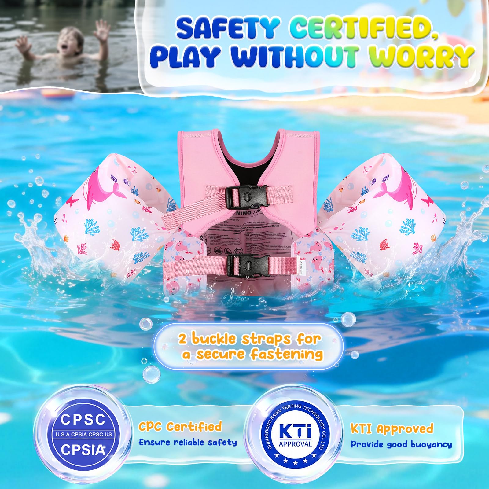 MoKo Kleinkind Schwimmflügel für Kinder,Schwimmflügel Jungen und Mädchen Cartoon Trainingsweste mit Schrittgurt, Pool Schwimmjacke Schulterriemen Wasserflügel