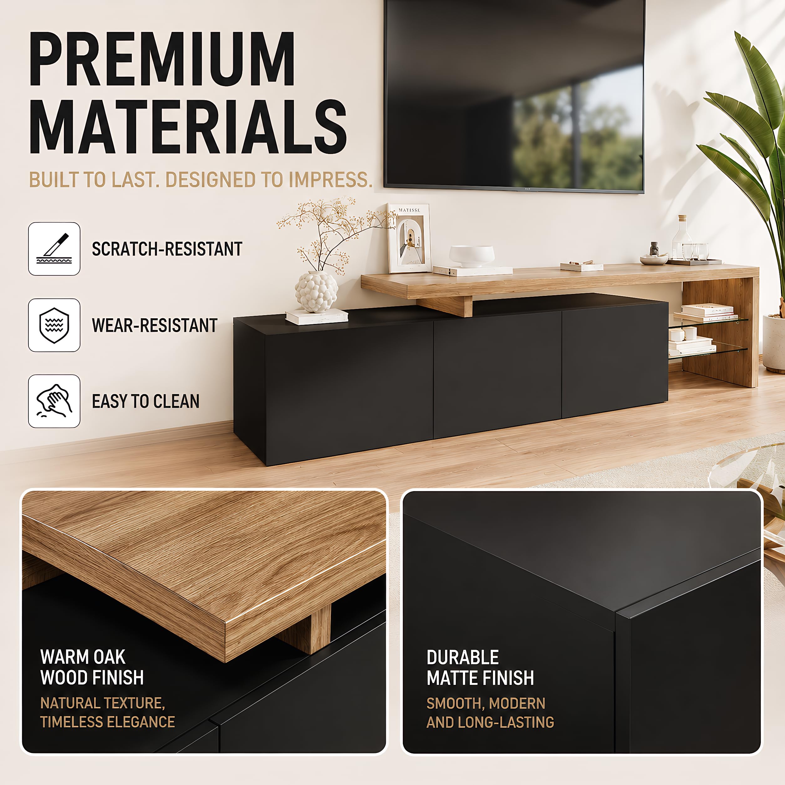 Moderno mueble de TV con LED, mesa de TV con 3 compartimentos, mueble bajo de TV brillante, mesa de salón con estante de cristal, armario de almacenamiento en acabado madera (negro, 200 x 39 x 42 cm)