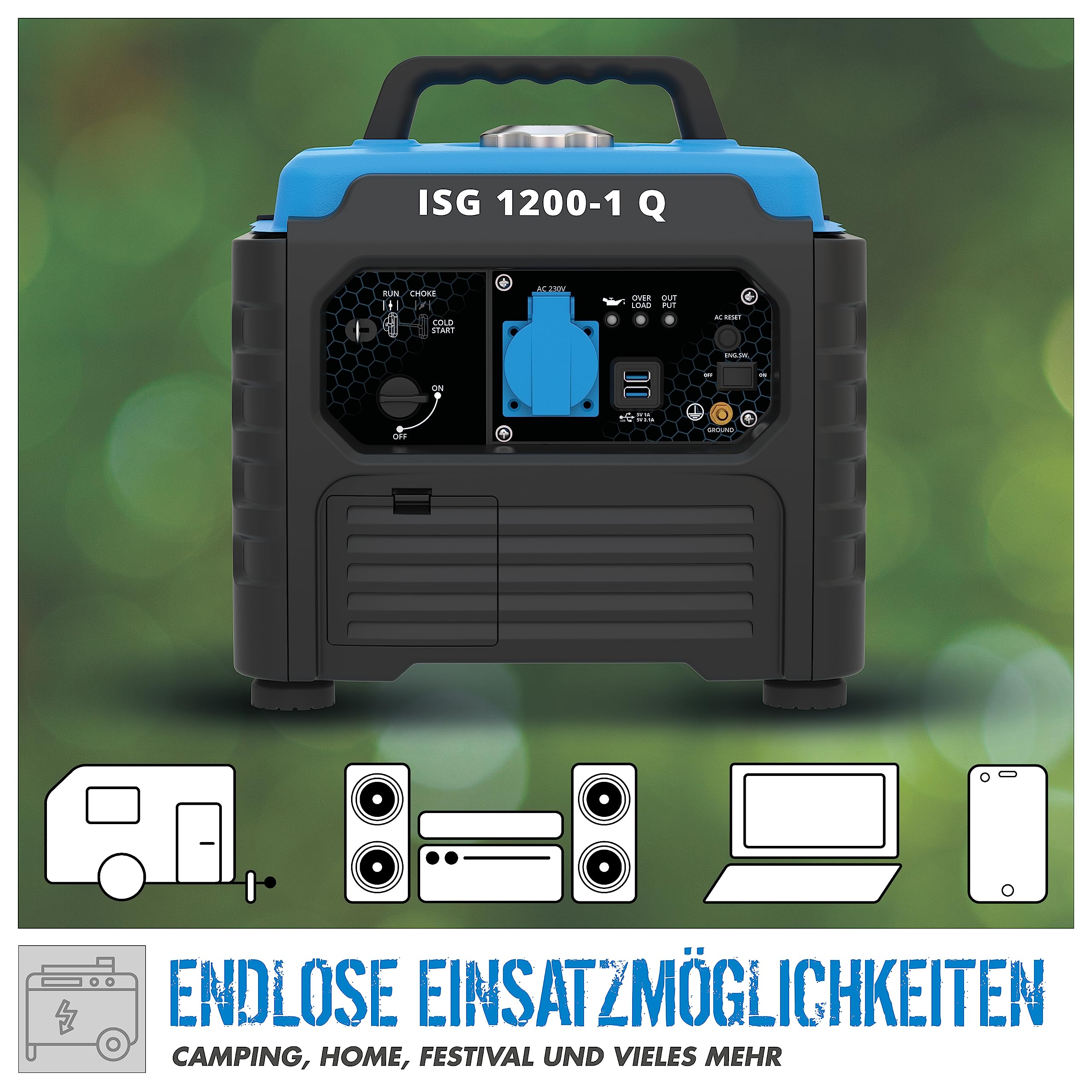 Güde Inverter Stromerzeuger ISG 1200-1 Q (4-Takt Motor, Benzin, 1,3/1,76 (kW/PS), 1x 230V, 2x USB, max. 1200W, Laufzeit bis 6 h, Tank 3 l, Überlastungsschutz, LED-Display, Zubehör, Gewicht 12,4 kg)