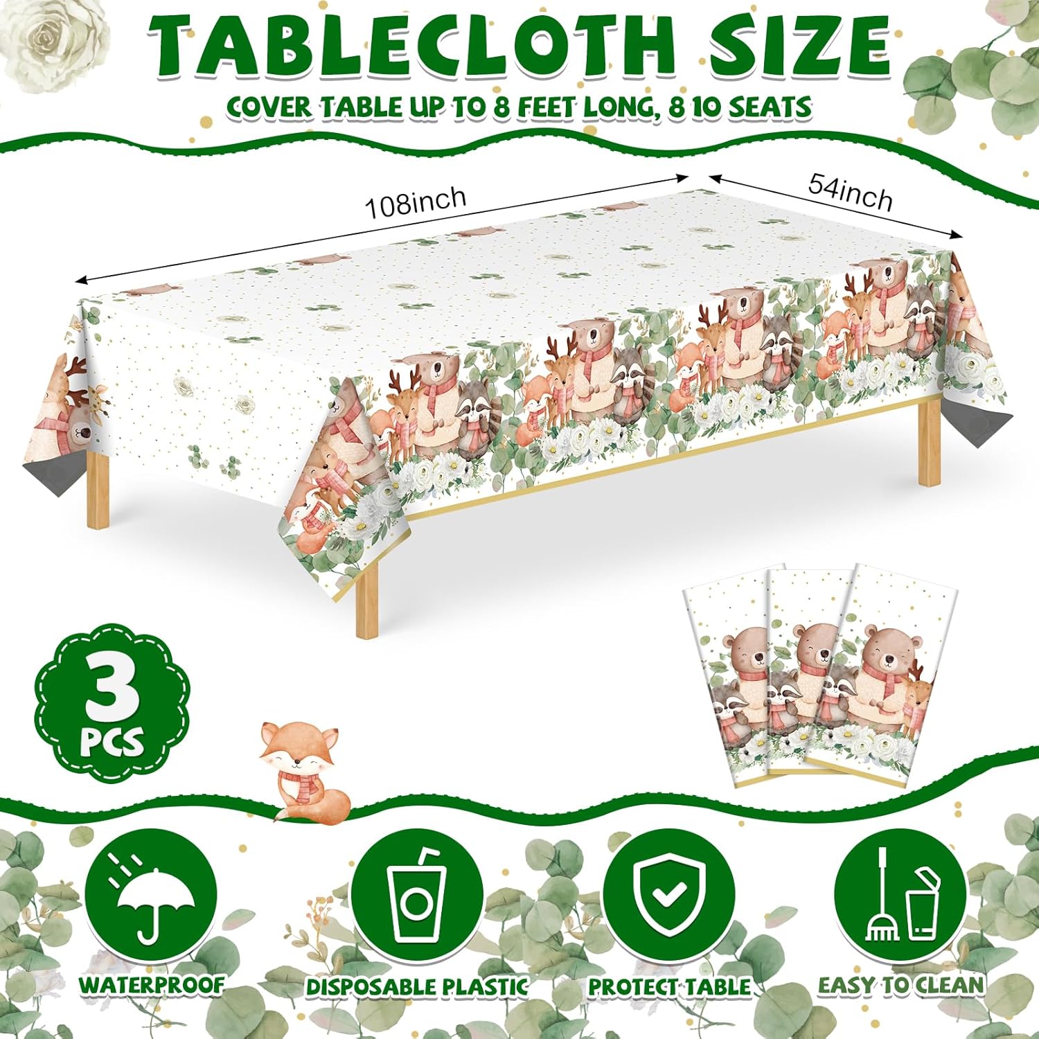 3 Pack Plastic Safari Baby Shower Tablecloth, 54 x 108 Inch Disposable Woodland Forest Animal Neutral Gender Reveal Party Eucalyptus Leaves Table Cover for Forest Birthday Friendship Party Decor