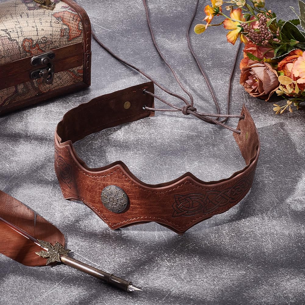 CALFOVERA Medieval Embossed PU Leather Headpiece Brown Vintage Retro Heamband Headpiece Adjustable Renaissance Viking Leather Head Hair Band Headdress Helmet for Cosplay Halloween Costume Accessories - Image 3