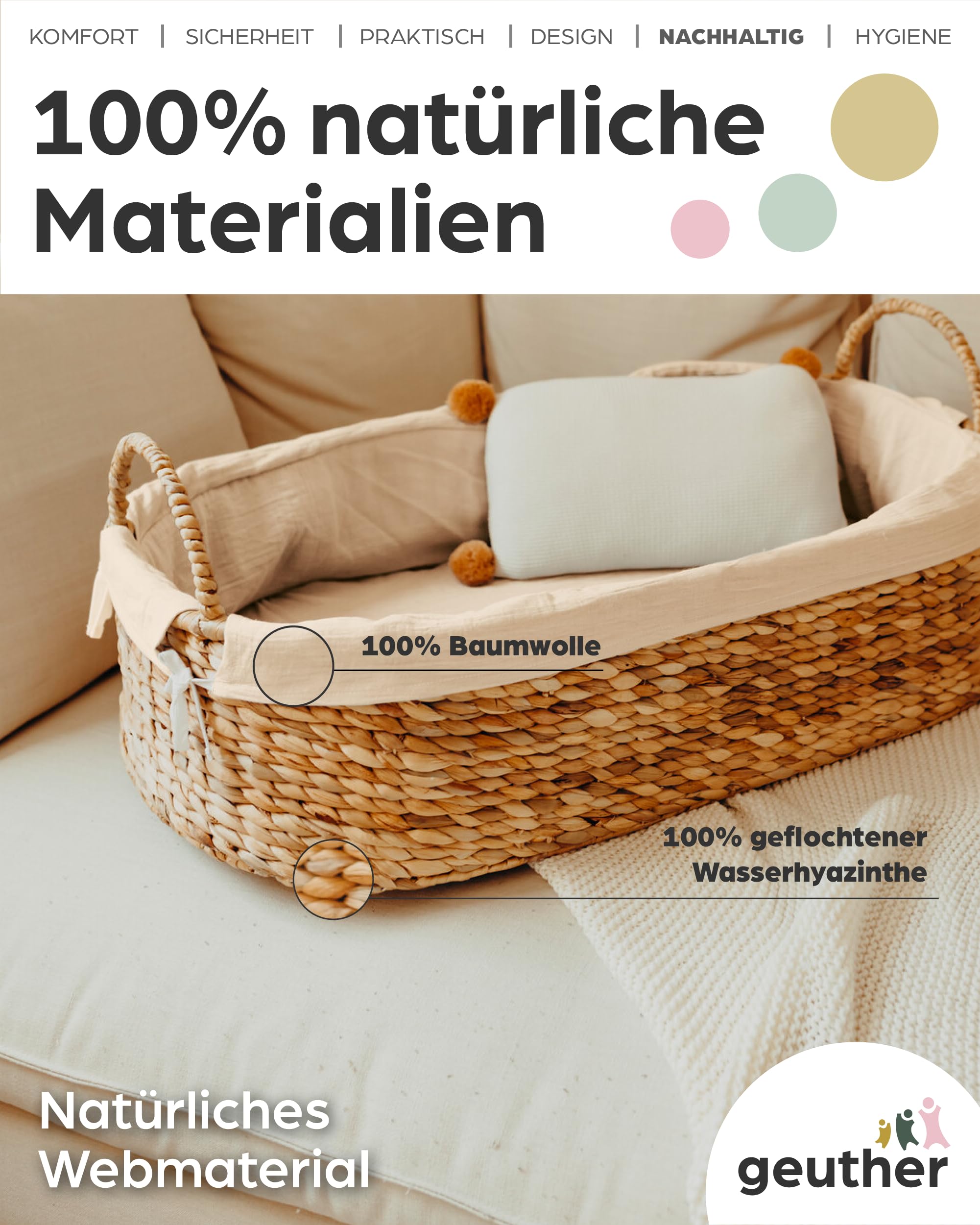 Geuther Moses Korb klein | Babynest mit Tragegriff | Babynestchen Neugeborene mit Matratze & Baumwollbezug | Mobiles Babybett | Nachhaltig & langlebig | Nestchen Baby | Moseskorb Baby in Beige