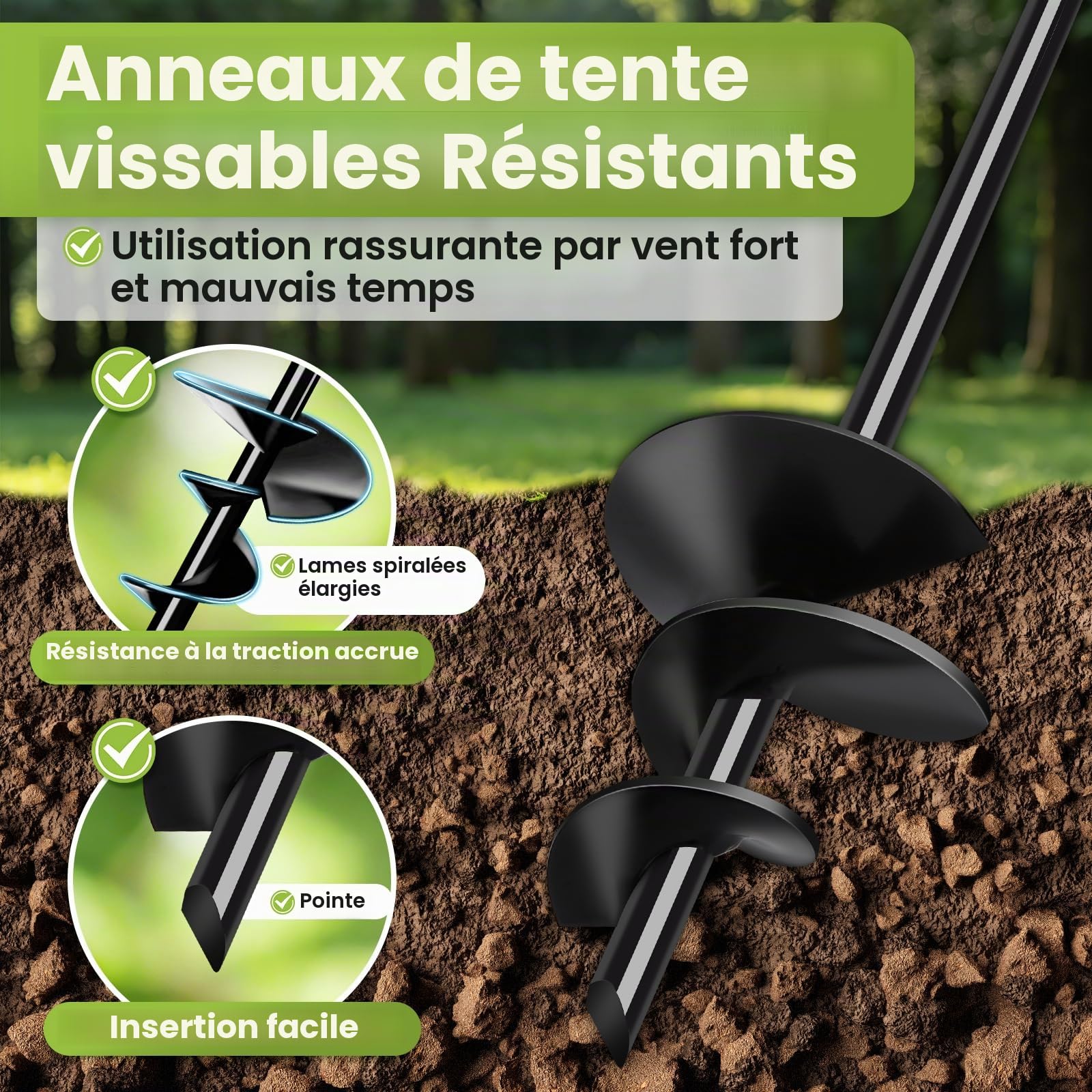 Ancrage au Sol à Visser pour Tente Trampoline, Ensemble de 4 Ancrages Robustes Résiste aux Vents Forts
