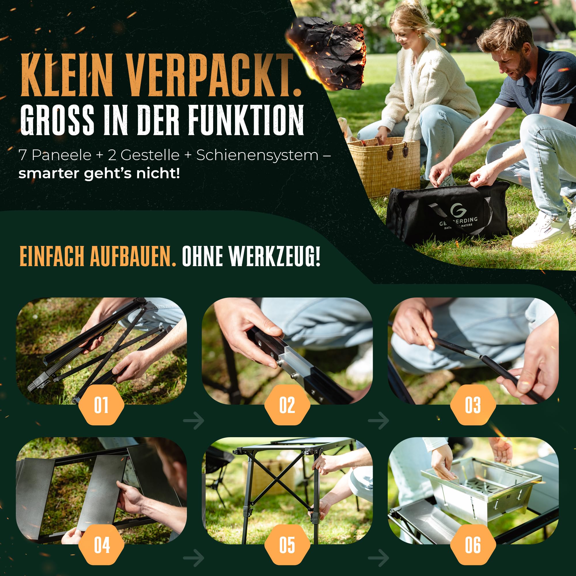 2in1 Holzkohlegrill & Campingtisch | Klappgrill mit Tischfunktion für 2-3 Personen | Kompakter Grill mit Klapptisch | faltbar & tragbar | Mini Grill ideal für kurze Trips