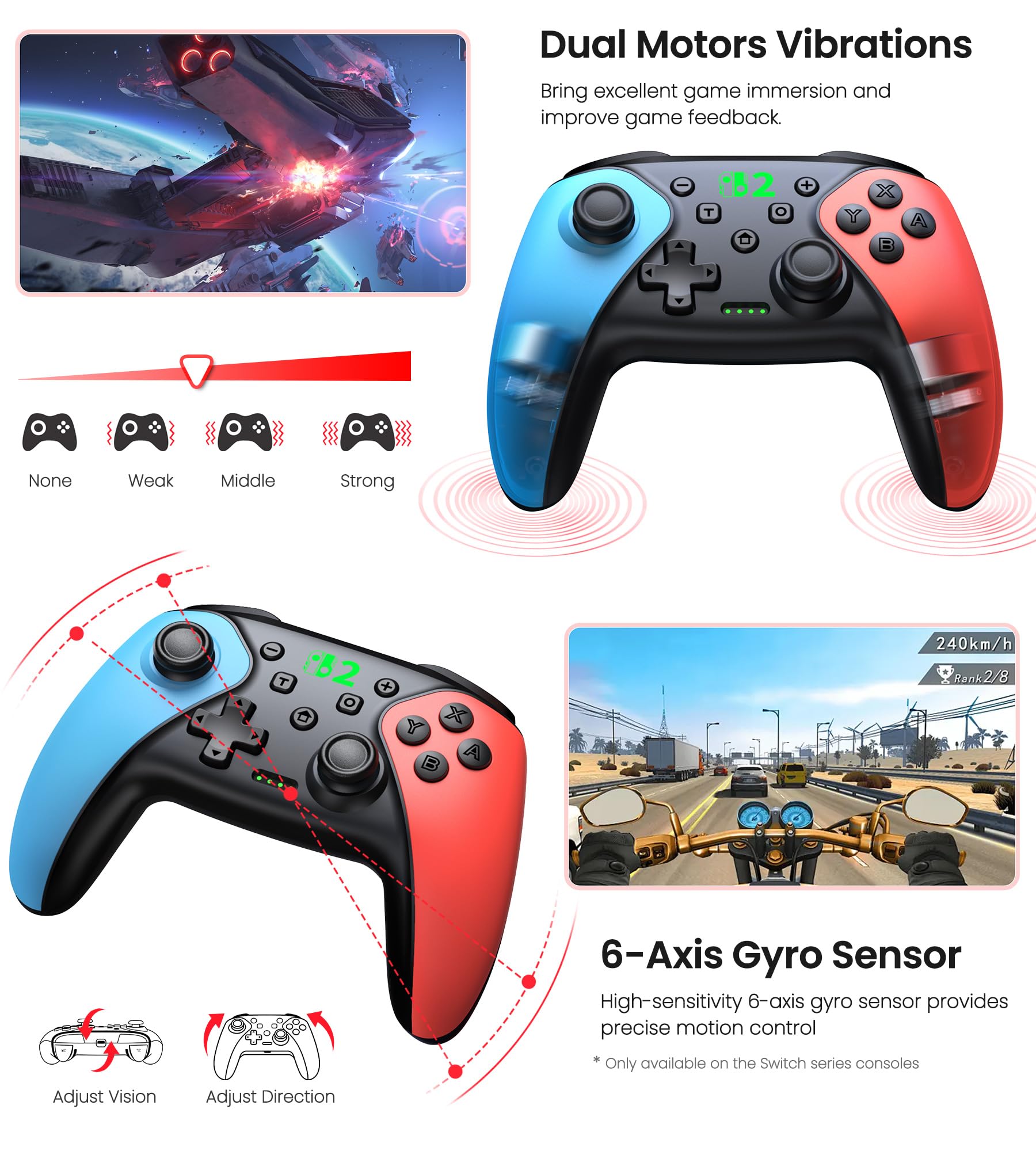 Wireless Pro Controller für Switch 2/Switch 1/Lite/OLED/Android/IOS/PC, Gamepad mit Programmierbar/6-Achsen Gyroskop/Dual Vibration/Turbo/1000mAh Akku, Ergonomisch Gestalteter Präzise Joystick