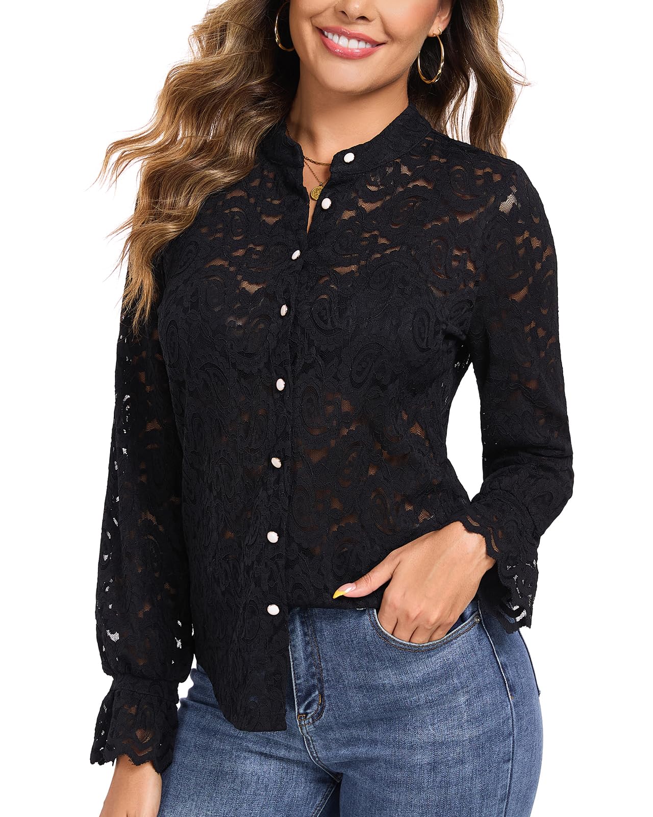 WOWENY Camicetta in pizzo da donna, a maniche lunghe, elegante, con colletto alto, in pizzo