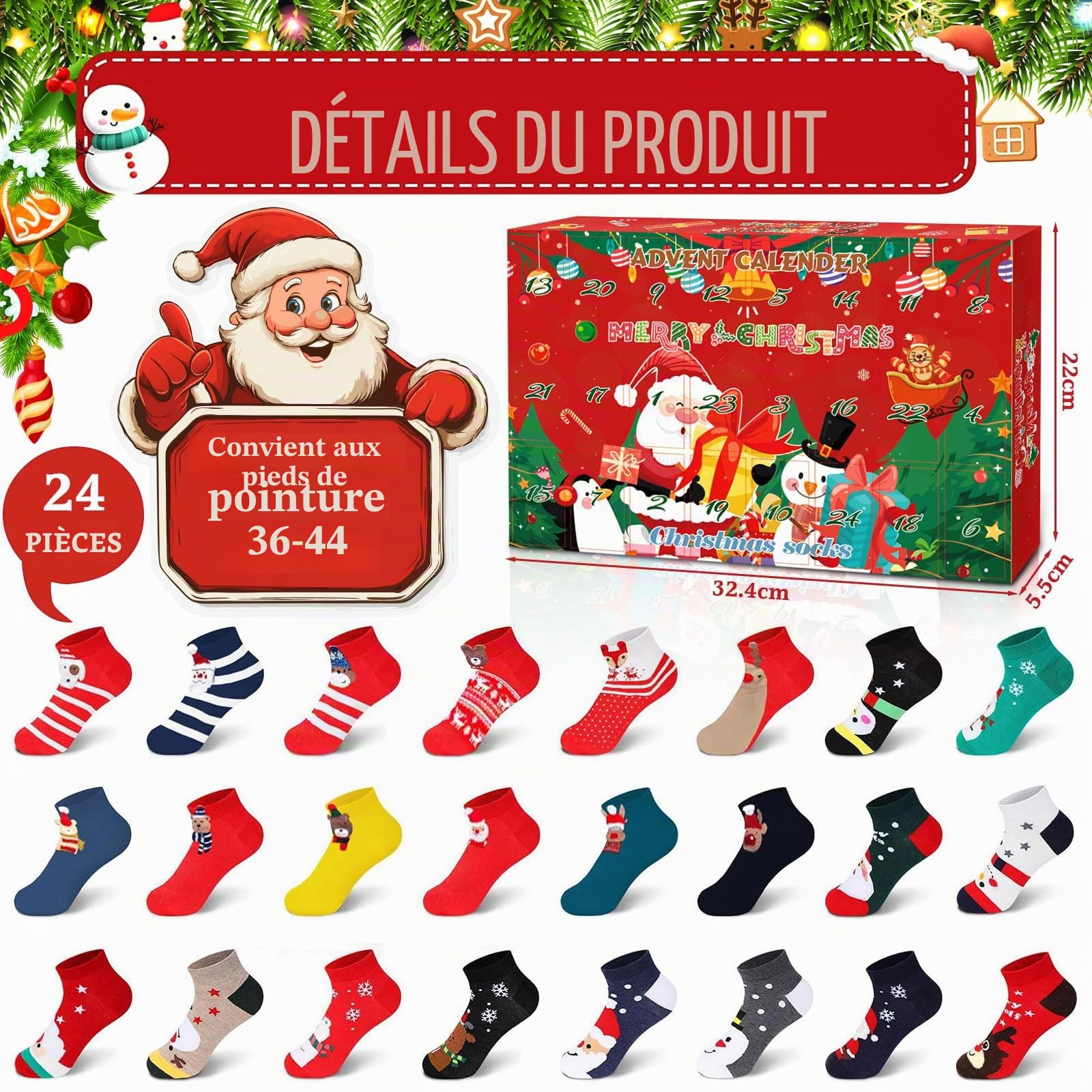 24 Paires Chaussettes De Noël, Fantaisie Chaussette de Noël, Coton Respirant Chaussettes Noel Femme Homme 36-44, pour Noël, Anniversaires et Calendrier de L'avent