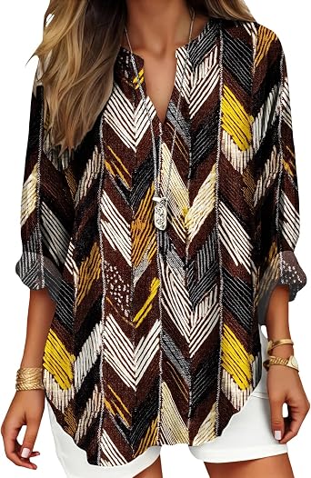 Womens 3/4 Sleeves V Neck Blouses Western Boho Earth Tone Geometric Retro Cowgirl Casual Resort Wear