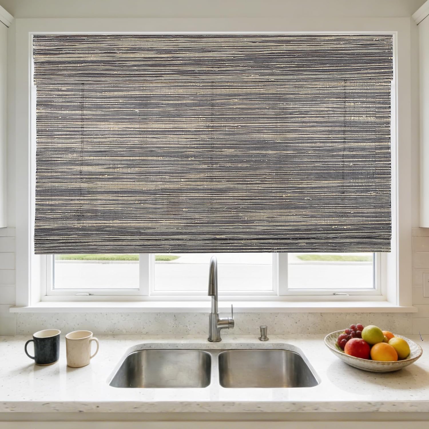 Letau No Drill No Tools Cordless Wood Window Shades Blinds, Bamboo and Linen Roman Shades, Bamboo Mesh-Navy