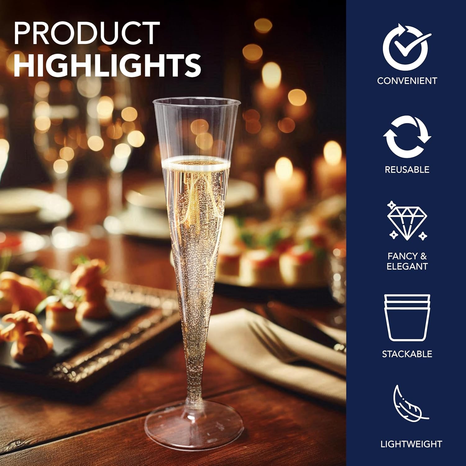 Party Essentials 50Count Deluxe/Elegance Twopiece Hard Plastic 5 oz Champagne Flutes, Clear