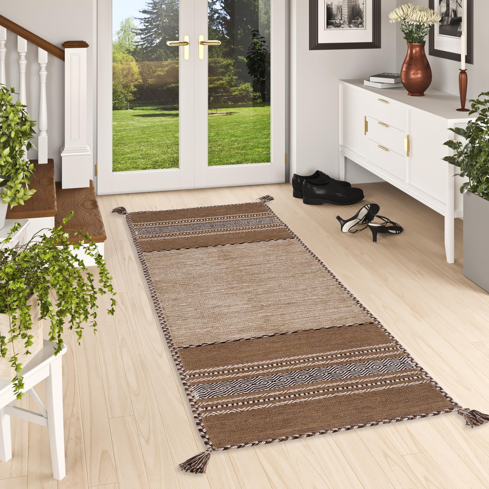 Pergamon Navarro Couloir Rose - Tapis Kilim tissé à la Main en 100% Coton, Design Traditionnel, Durable et Facile à Entretenir, idéal pour couloirs, Salon et entrée, Tapis Intemporel