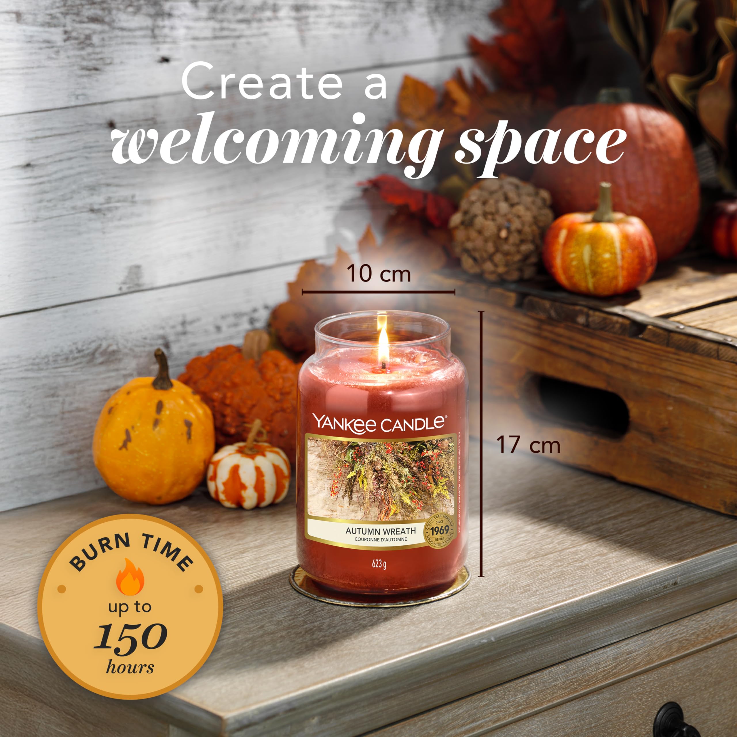 Yankee Candle Świeca zapachowa - jesienny wieniec duży słoik - długie świece: do 150 godzin - prezenty dla kobiet