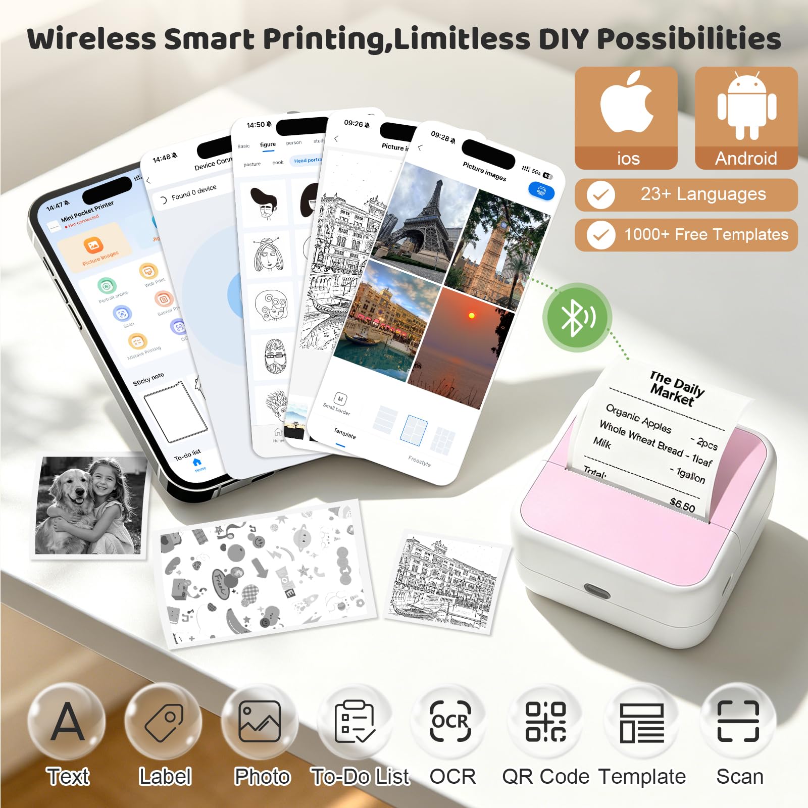 dessports Mini impresora sin tinta rosa - Etiquetadora portátil Bluetooth con cinta y funda