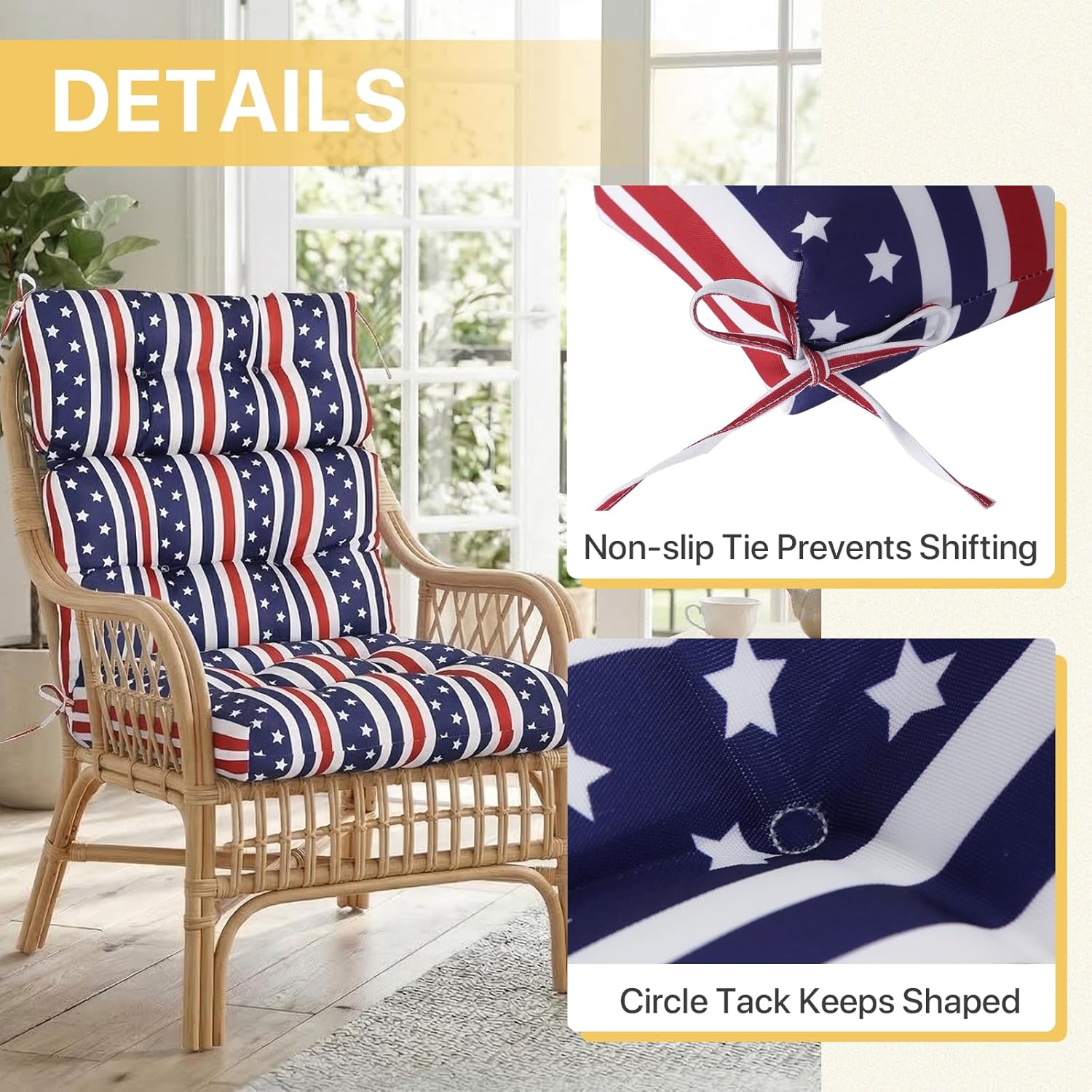 COOS BAY Outdoor Chair Cushions High Back 46x22 Inch, Tufted Patio Seat Cushions with Ties, Water-Resistant Replacement Pads, 2 Pack, American Flag