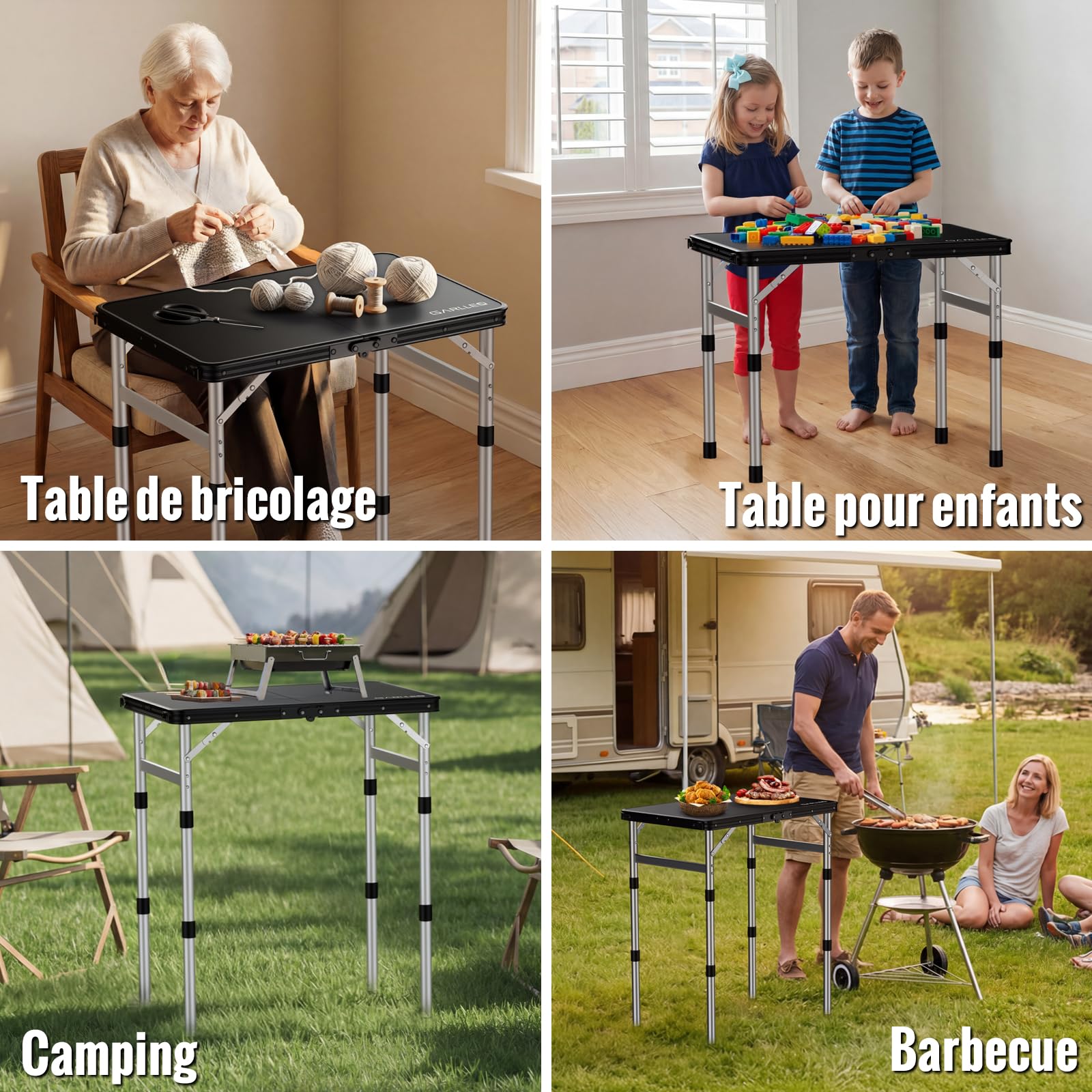 GARLLEN Table de Camping avec Dessus de Table en Plastique Haute densité imperméable, Table de Pique-Nique Portable en Hauteur réglable avec Cadre en Aluminium, Table d'extérieur pour Barbecue | Table Pliante Exterieur à 3 Hauteurs Réglables,Table de Piqu