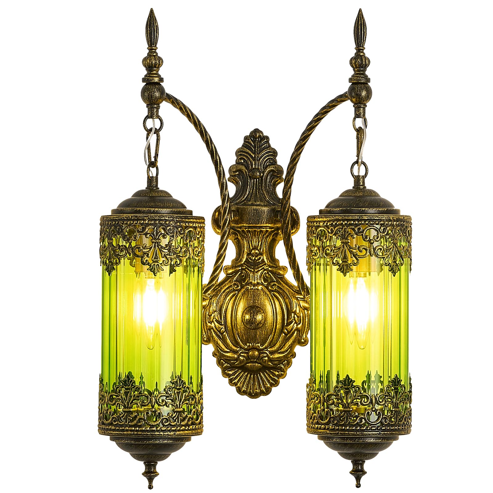 Photo 1 of VitaLink 2-Light Rustic Wall Sconce Hardwired Green Glass Wall Mount Lighting Fixture Mid-Century Retro Wall Lamp for Living Room Bedroom Entryway