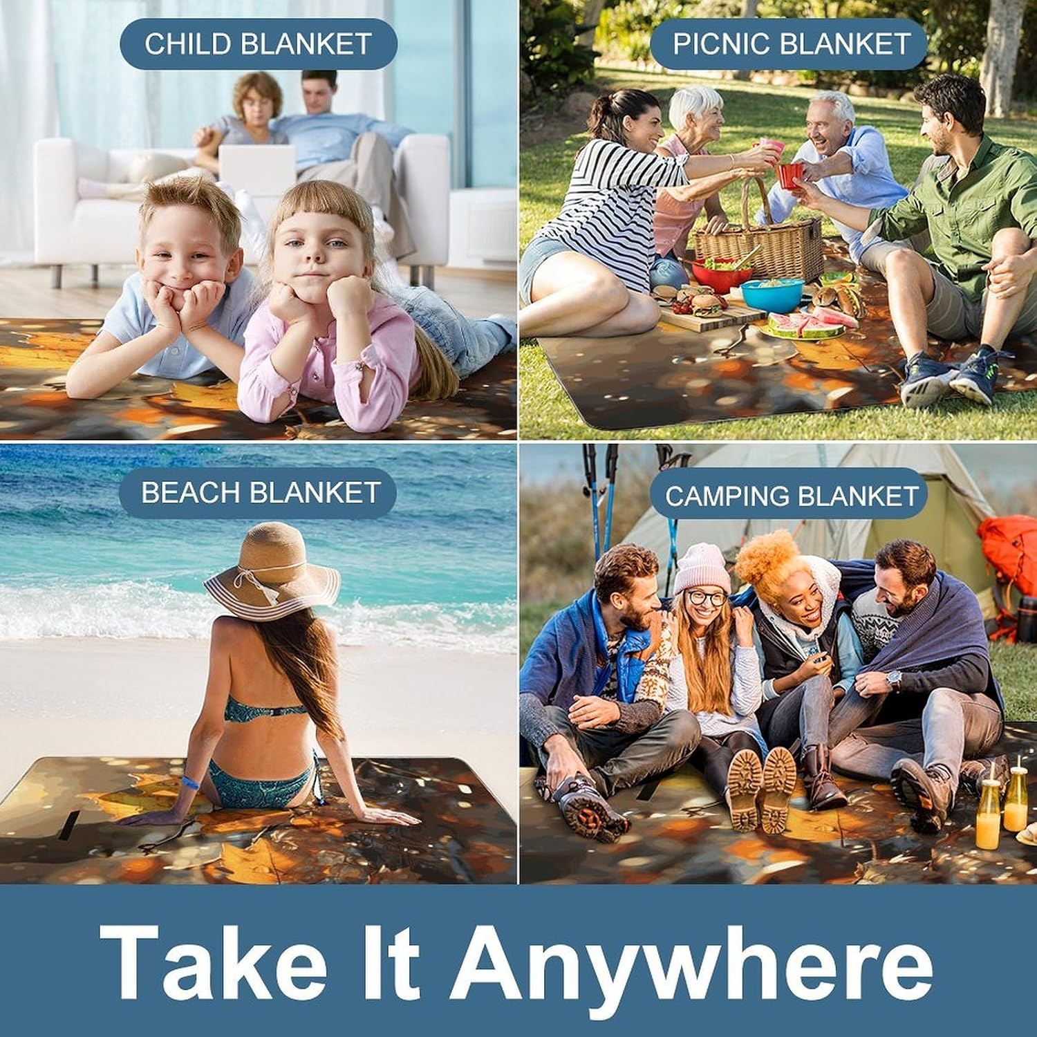 Autumn Leaves Waterproof Picnic Blanket 58.3''x58.3'',Portable and Foldable Picnic Mat with Handle,Outdoor Blankets for Lawn Park Beach Travel