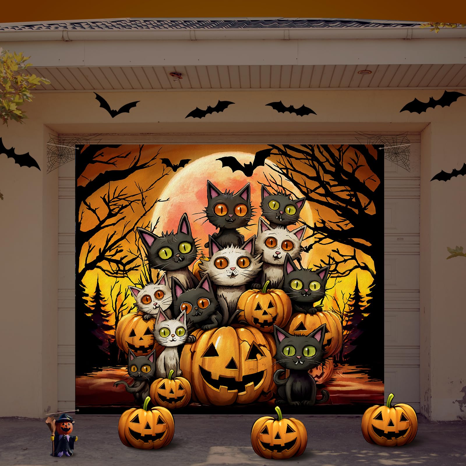 7 x 8Ft Halloween Garage Door Banner Small Hanging Halloween Single Garage Door Cover Horror Night Halloween Backdrop Decoration for Outdoor Indoor home wall Halloween Party(Cat)
