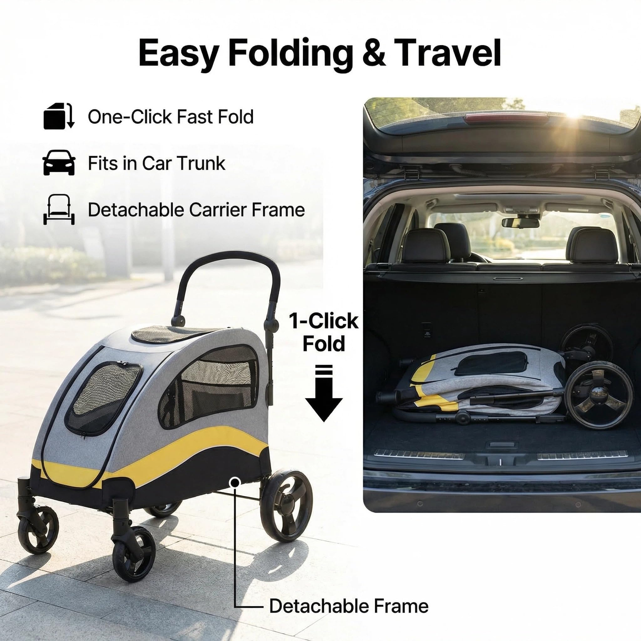 Garvee Poussette robuste pour grand chien jusqu'à 72 kg – Chariot tout-terrain pliable, roues 360°, double entrée, maille respirante, poignée réglable, rangement facile à laver – Jaune, 90×73×108cm