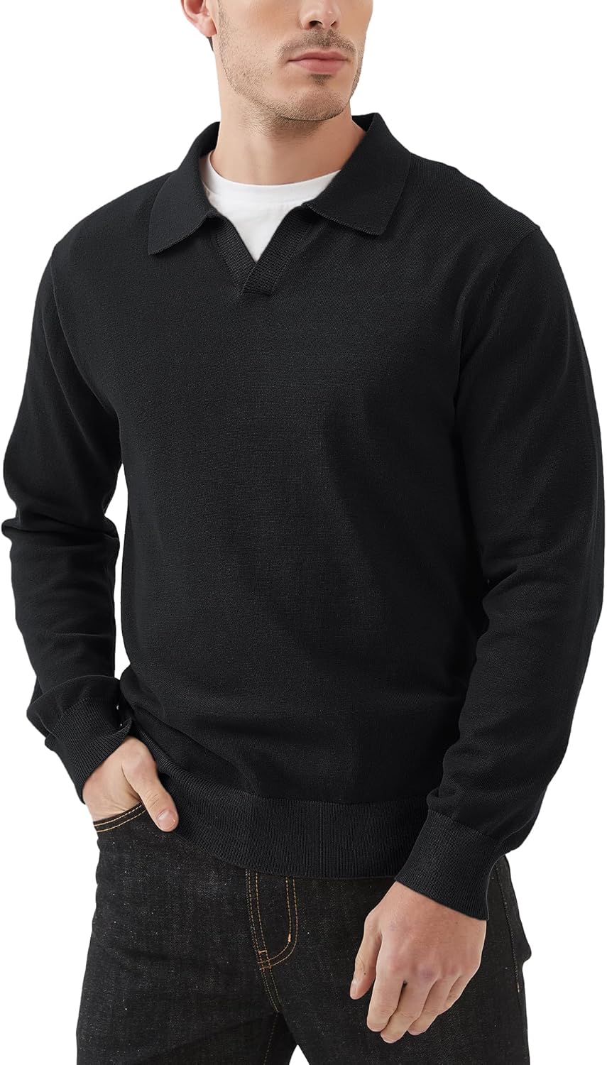 Kallspin Men's Knit Polo Sweater Regular Fit V Neck Cotton Long Sleeve Soft Classic Sweater Pullover