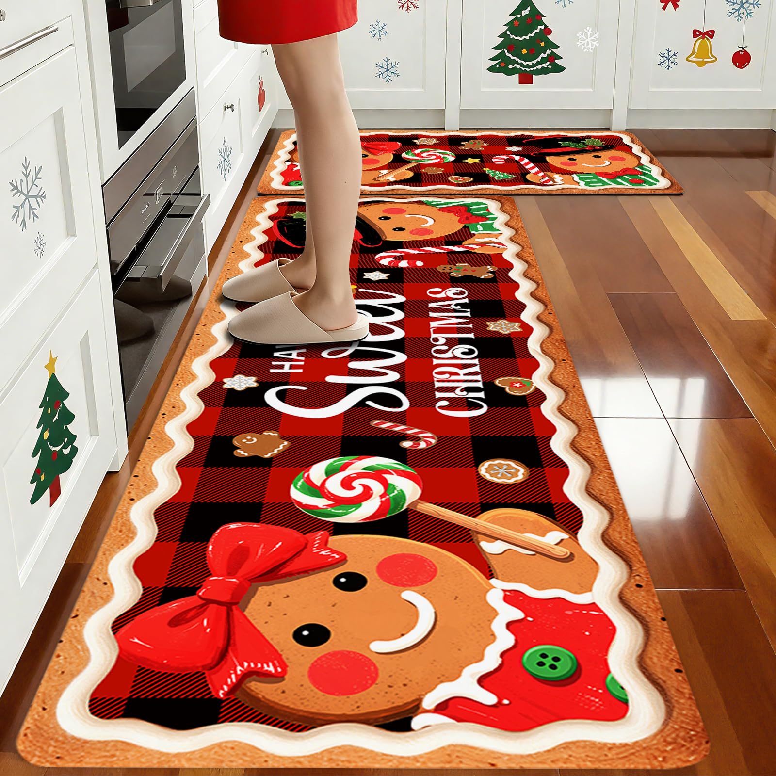 Christmas Rugs for Kitchen Floor, Gingerbread Man Mats for Kitchen Floor Non Slip, 2PCS Rubber Kitchen Mat, Washable Cushioned Runner Carpet Rug for