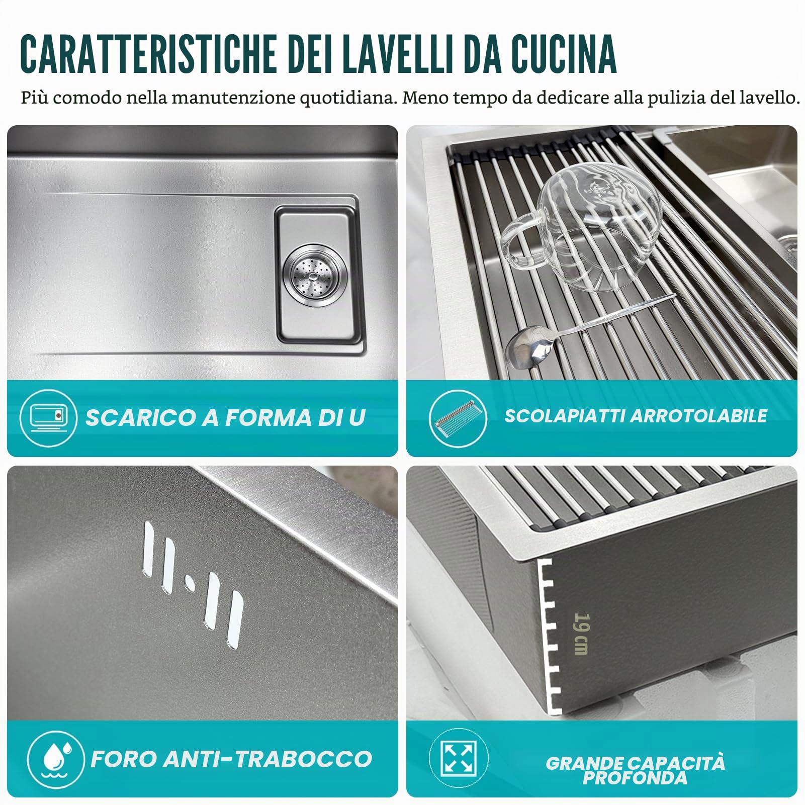 Lavello da Cucina 90x50cm Acciaio Inox 304, Kit Completo con Sifone e Drenaggio, Essiccatore, Tagliere, Vaschetta Piccola, Filtro Extra Grande, Resistente ai Graffi, Lavabo Basso/Montato su Piano