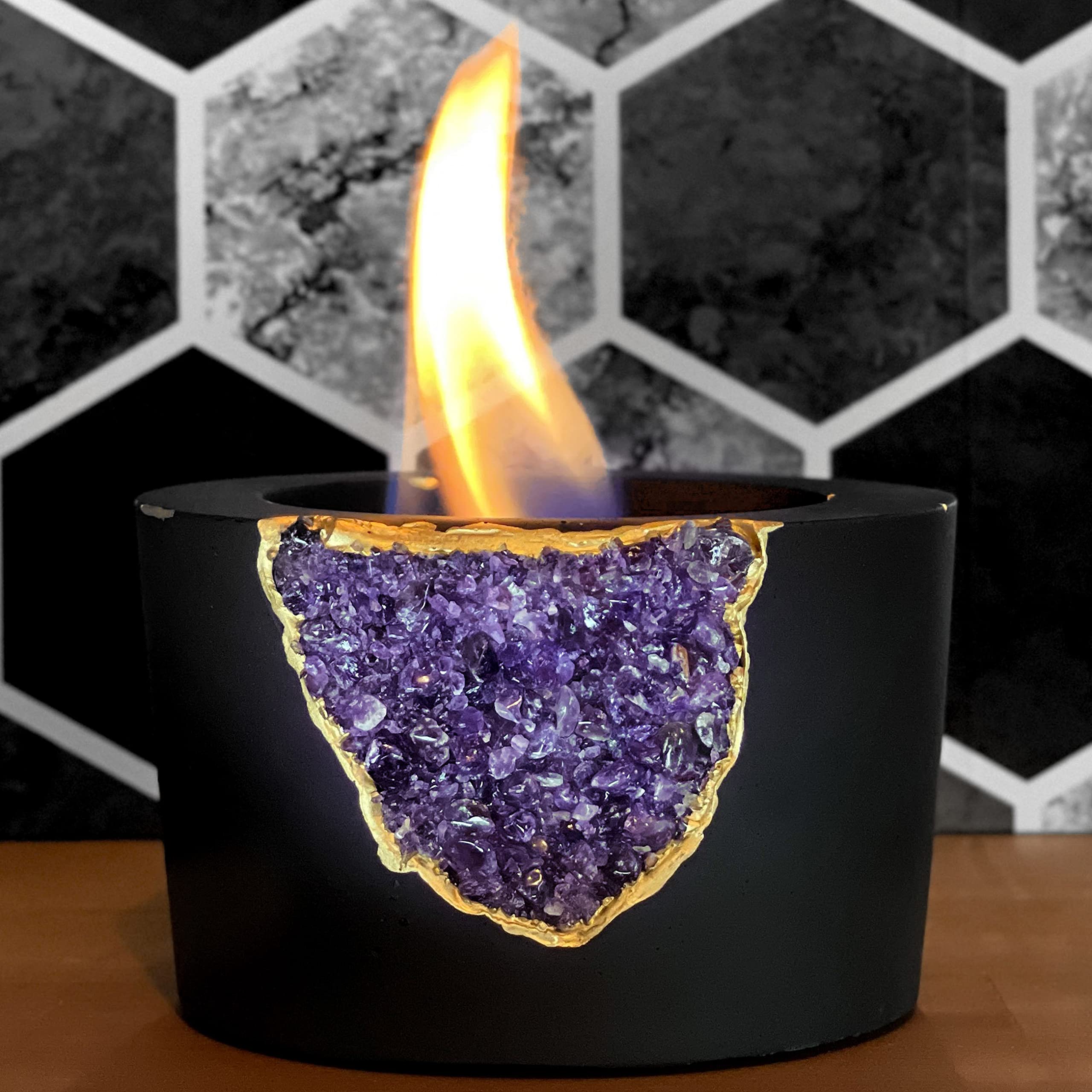 Tabletop Fireplace | Indoor Firepit Rubbing Alcohol Bio Ethanol Mini Fire Bowl Pit Outdoor Decor Portable Table Top Small Chiminea Meditation Bowl Geode Candle Holder Concrete Pot (Amethyst - Black)