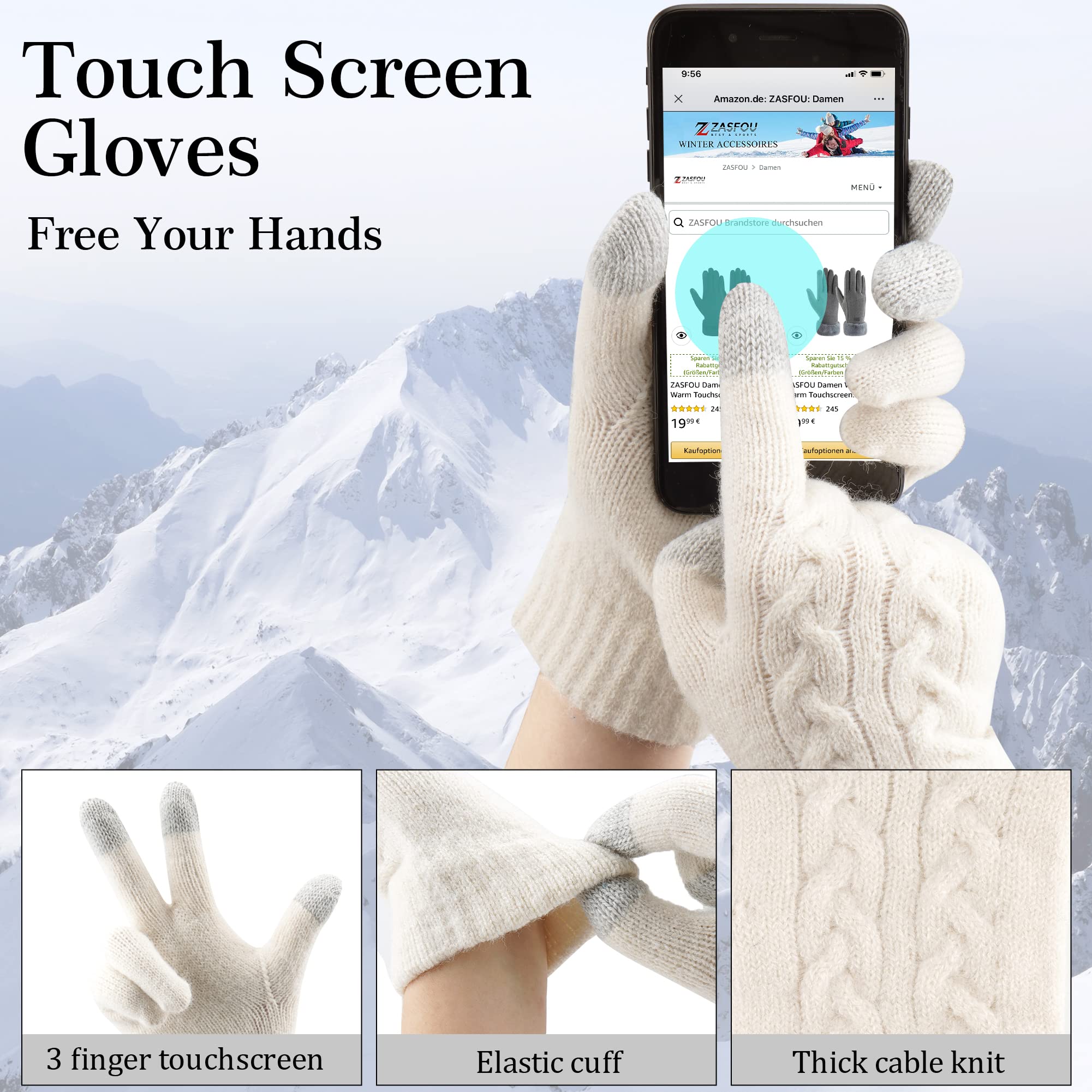 Femme Hiver Bonnet Chapeau Écharpe Écran Tactile Gants Ensemble Chaud Tricot Polaire Doublé Casquette Foulard Gant Cadeaux de Noël Anniversaire pour Femmes