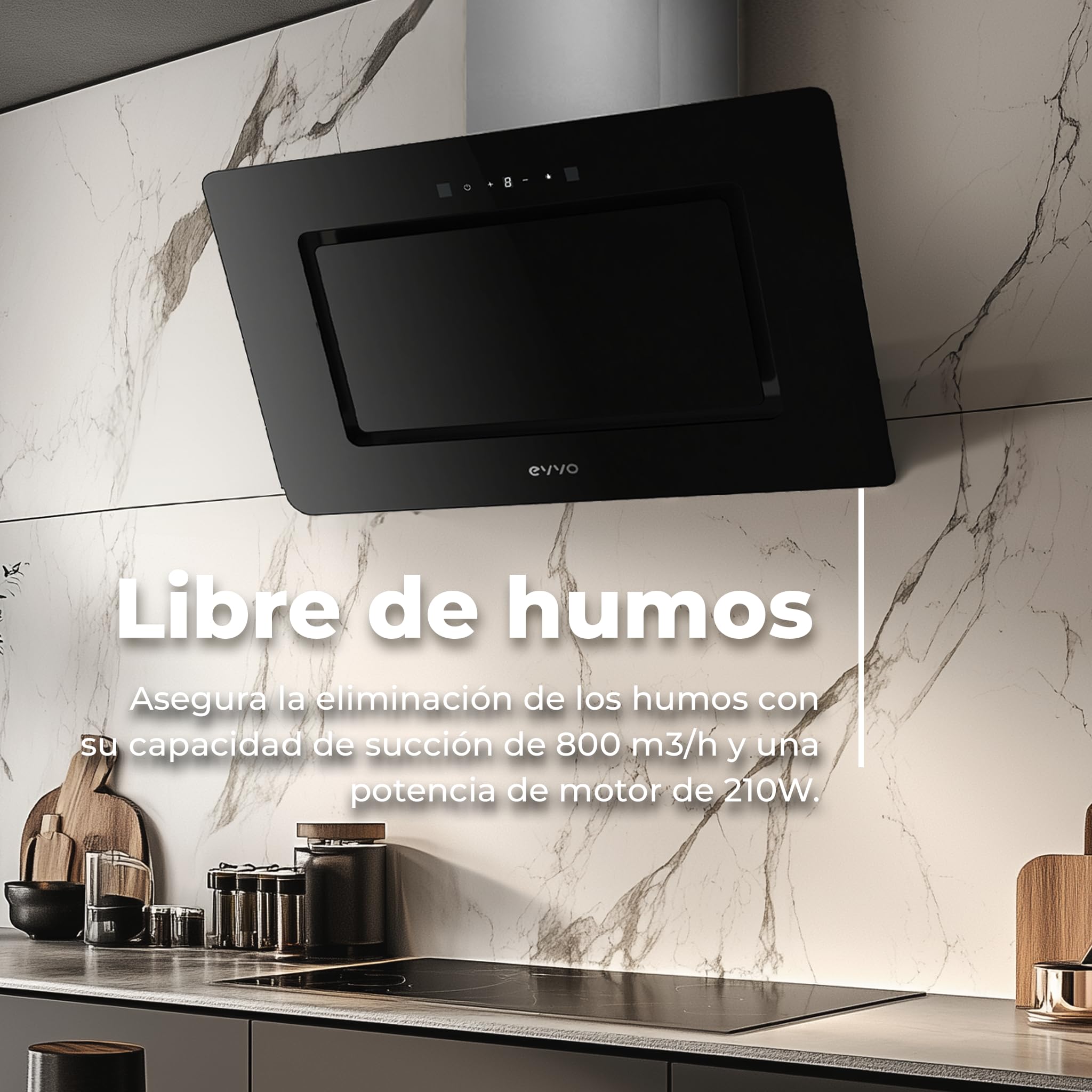 EVVO Campana Extractora 90 cm Ancho Decorativa, Potencia 800 m³/h, Filtro Aluminio y Carbón Activo, Control Táctil y Gestual, Acabado Negro Cristal, Eficiencia Energética A++ CE48 Cristal Black