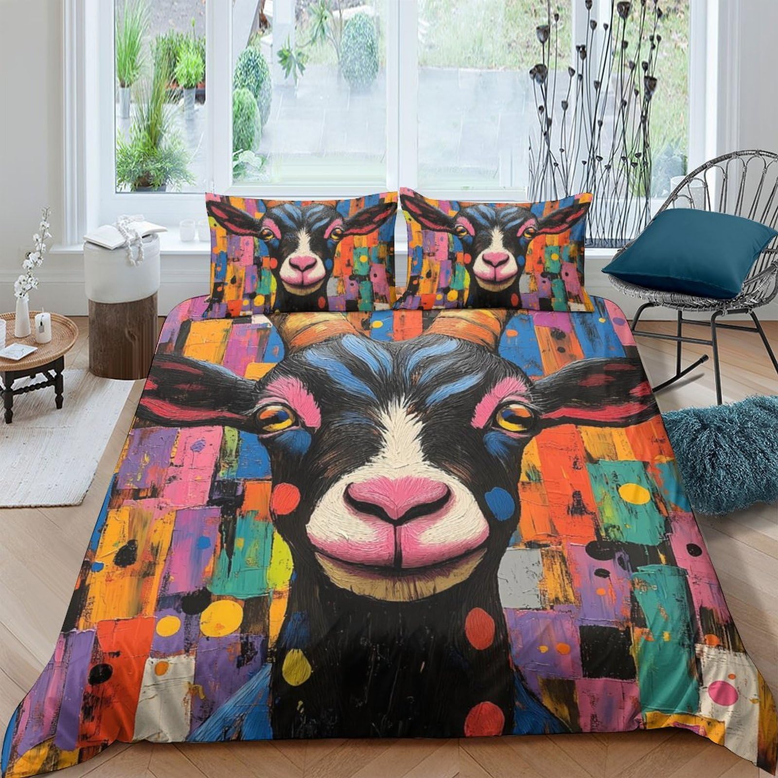 Ctjqhvkz Style-4 3D Printed Colorful Goat Fitted Sheet Microfiber Vibrant Patchwork Bed Cover For Bedroom Dorm Mattress Protection Decor Single（135X200cm）