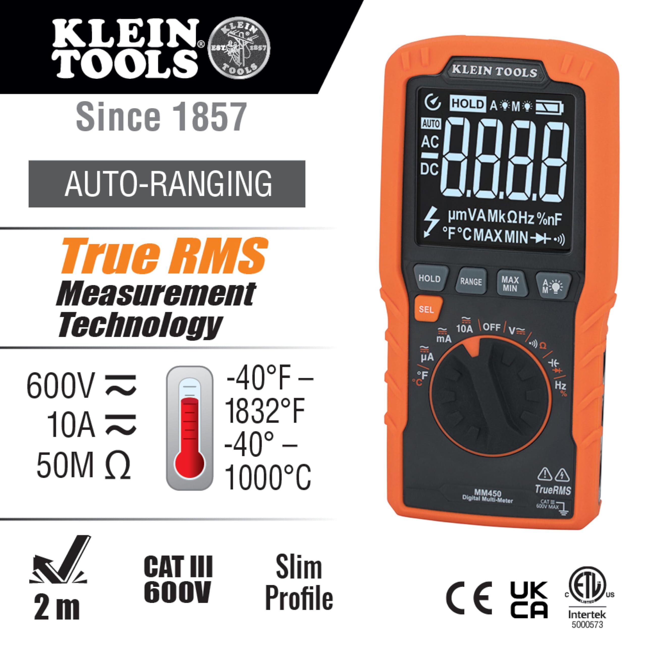 Klein Tools Multímetro MM450, medidor digital delgado, TRMS de rango automático, voltaje CA/CC de 600 V, corriente, resistencia, temperatura, frecuencia, continuidad, naranja