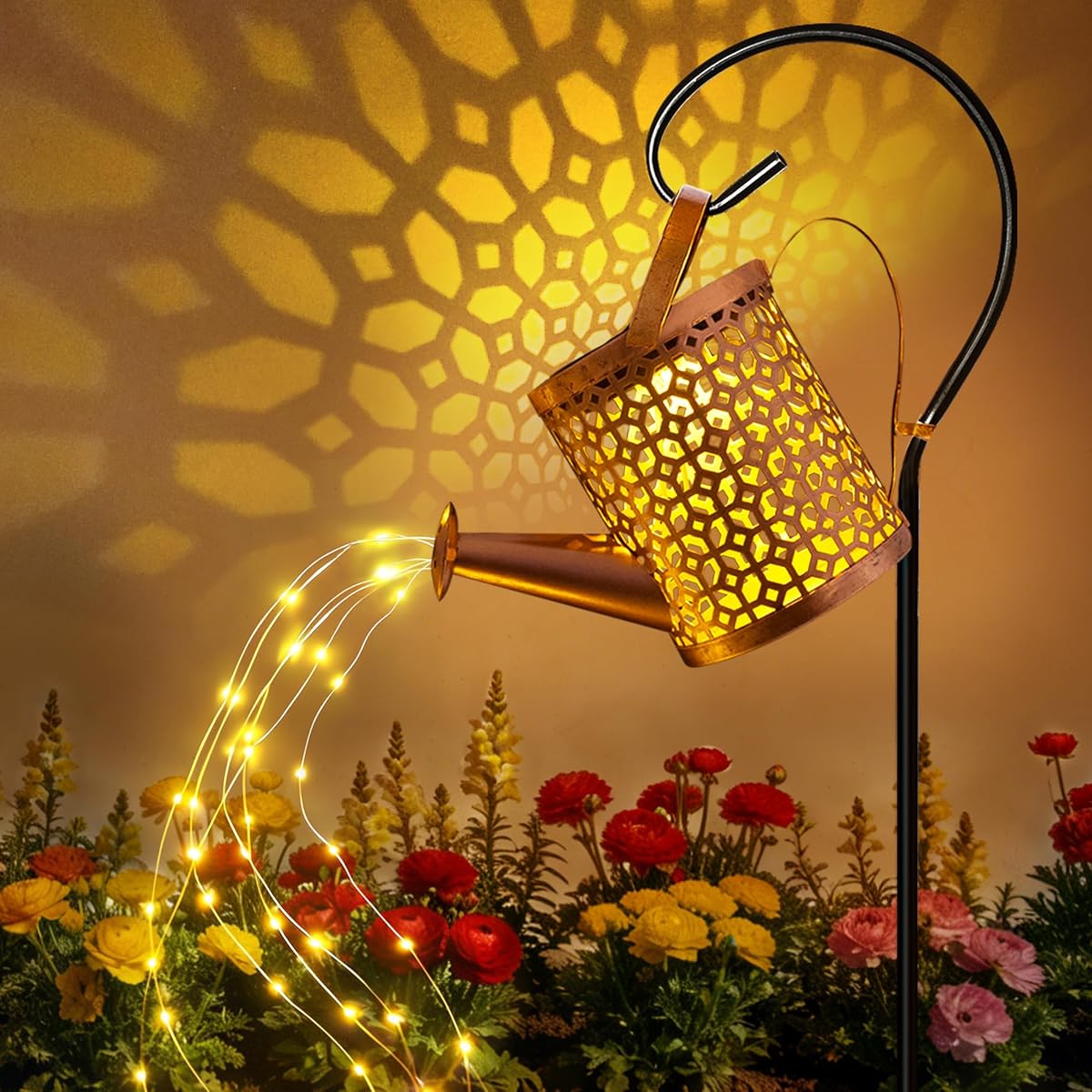 Solar Watering Can Lights Outdoor Garden Decor, Birthday Gifts for Women | with LED Cascading Lights, 2 Lighting Modes, IP65 Waterproof Hanging Lanterns for Yard Patio Lawn, Beehive Pattern