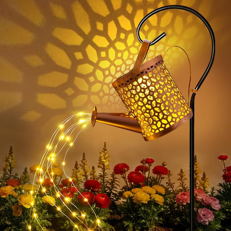 Solar Watering Can Lights Outdoor Garden Decor, Birthday Gifts for Women | with LED Cascading Lights, 2 Lighting Modes, IP65 Waterproof Hanging Lanterns for Yard Patio Lawn, Beehive Pattern