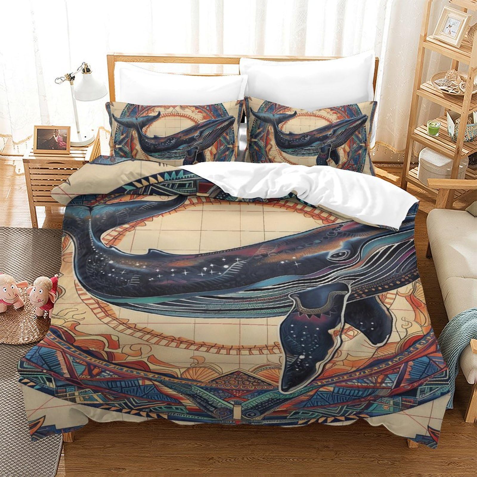 Housse de couette baleine fermeture éclair parure lit 140x200 anti-glisse pour enfant