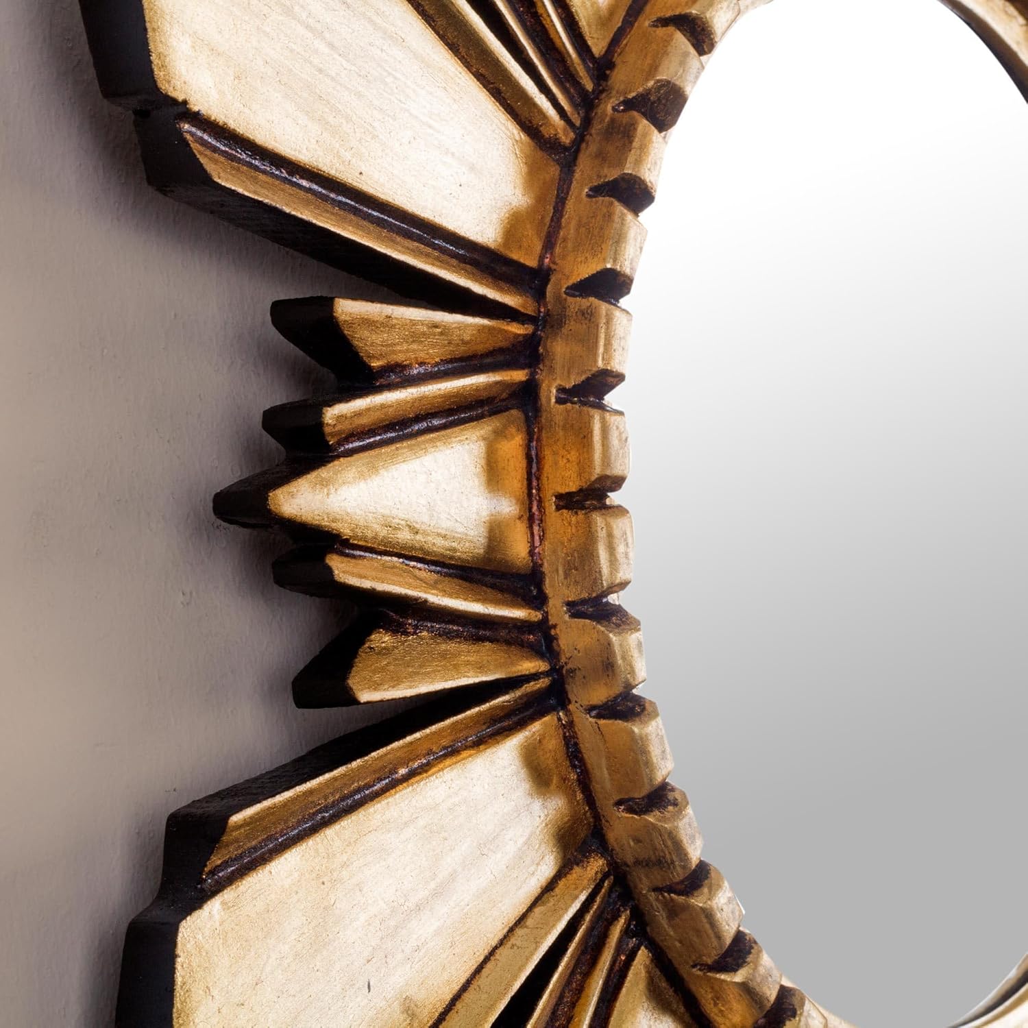 NOVICA Leaf Round Starburst Mohena Wood with Bronze Wall Mounted Mirror, Metallic 'Cuzco Sun'