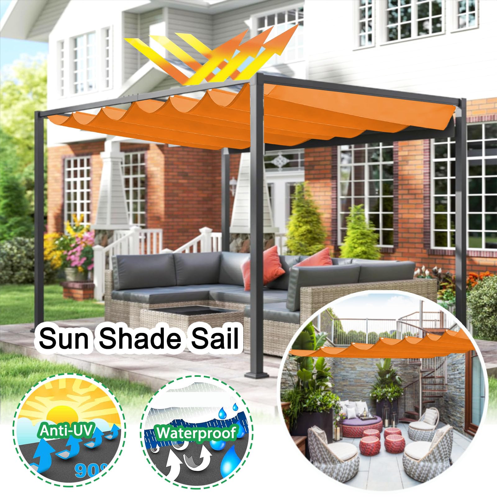 Einziehbares Welle Sonnensegel, Pergola Markise Verstellbar Schattenabdeckung mit Ösen und Kordel, UV-Schutz Wasserdicht Markise für Garten Pergola Balkon Terrasse-Orange||100x850cm