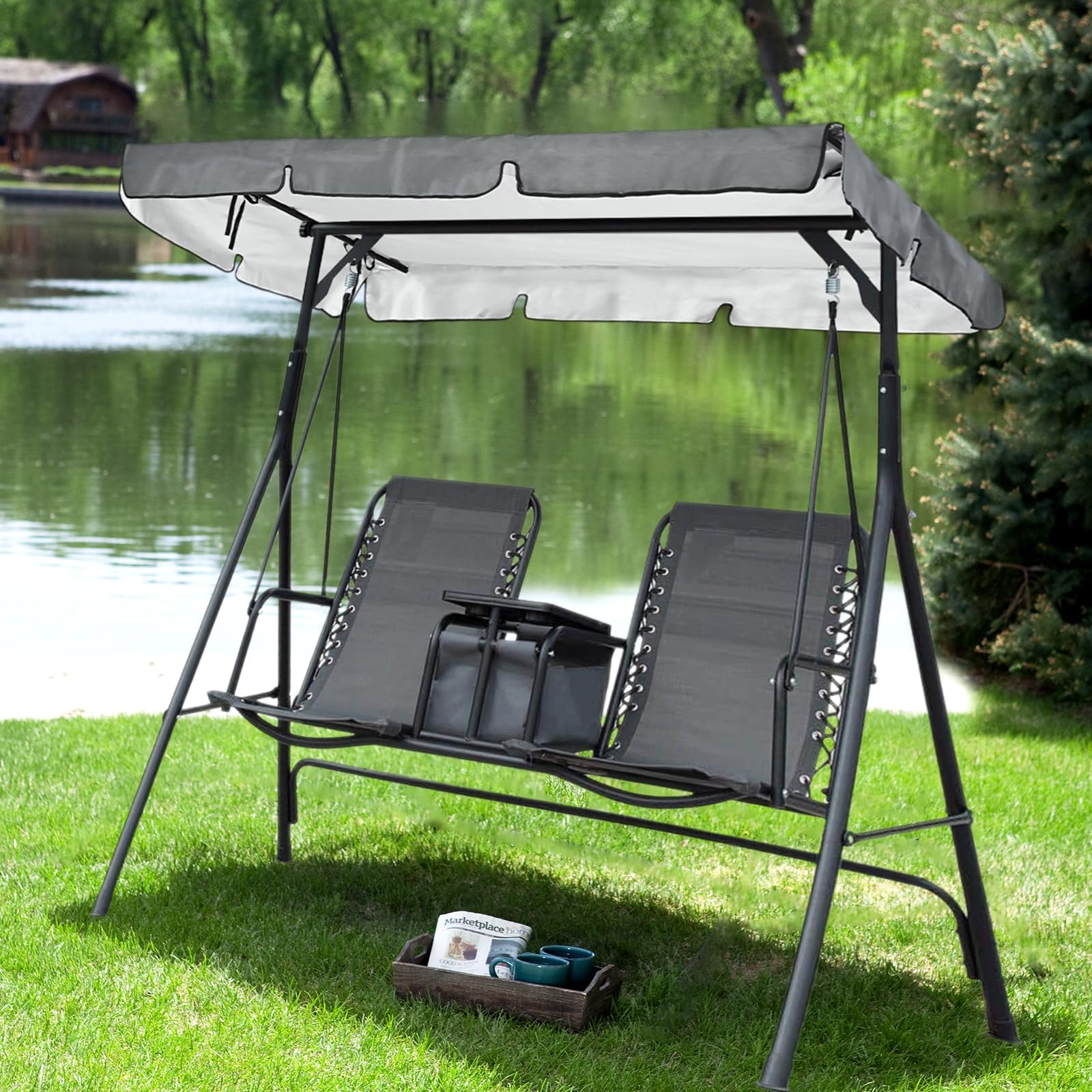 Alishomtll Columpio de jardín de 210 x 145 cm, 420D Oxford universal, toldo de 3 plazas, resistente al agua, techo para columpio de jardín, protección UV, color gris