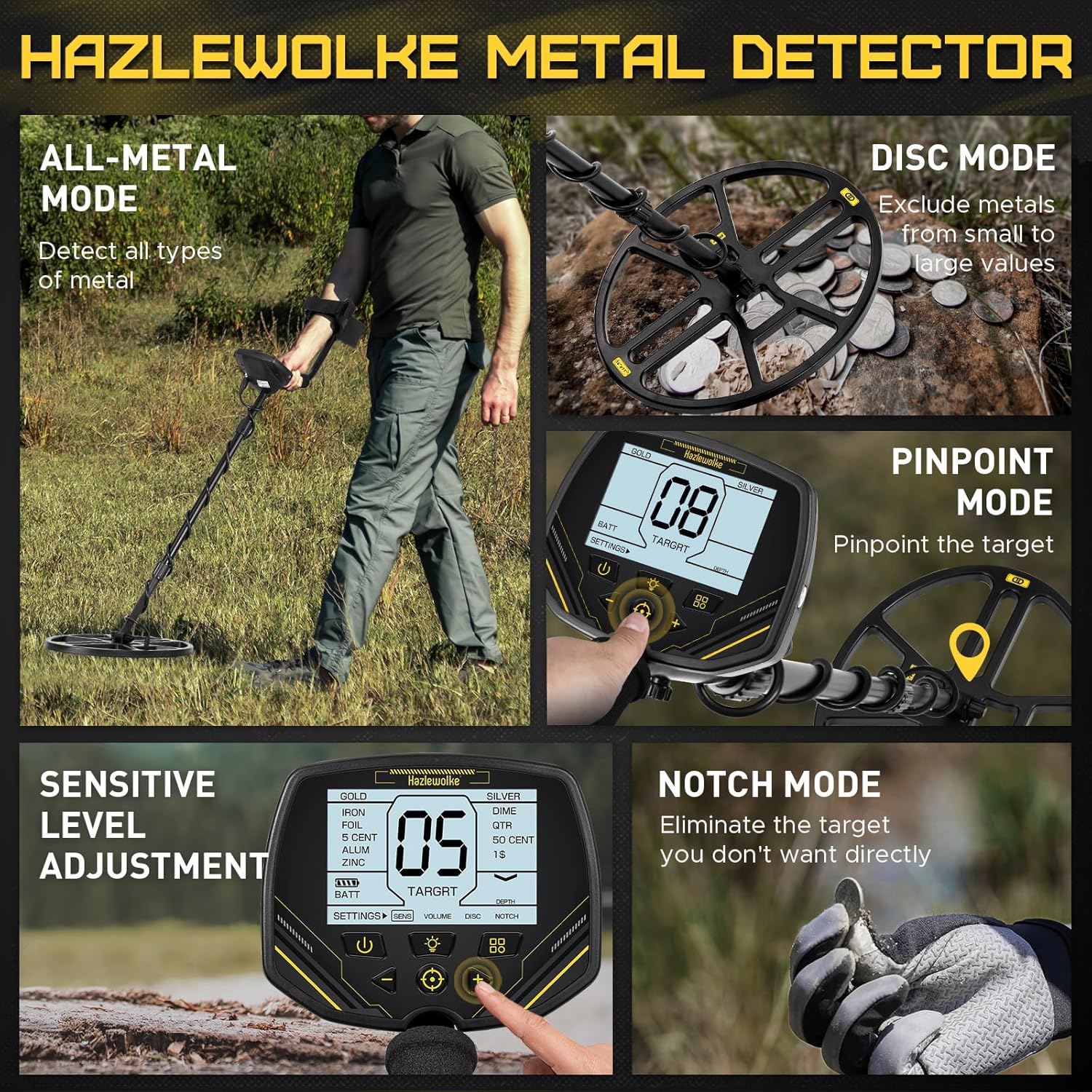 14" Metal Detector for Adults, Double-D Metal Detectors with Higher Sensitivity, Waterproof Metal Detectors with Large IP68 Search Coil, Professional DISC & Pinpointer Metal Detector Mode