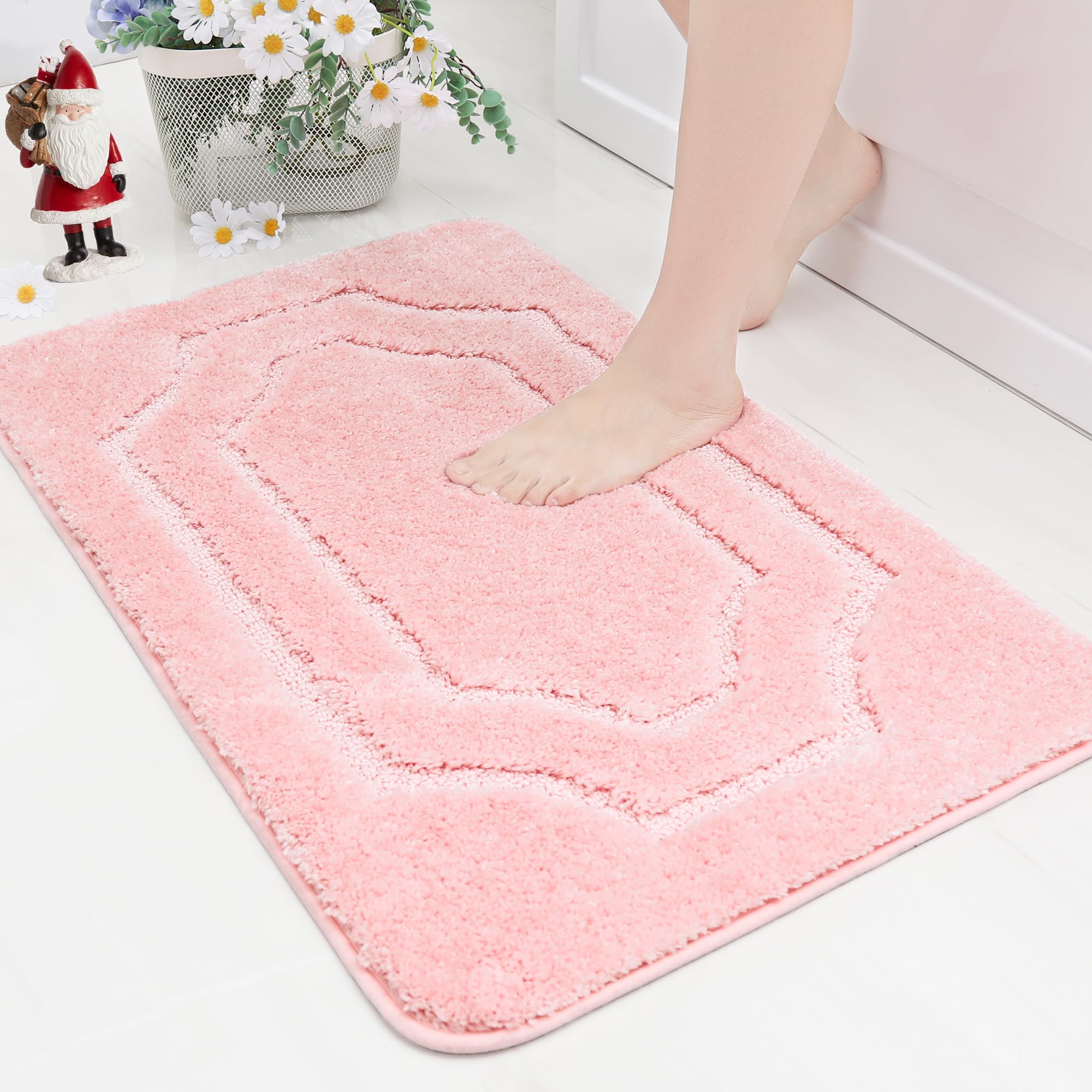 BEQHAUSE Bathroom-Rugs-Non-Slip-Bath-Mats for Bathroom Soft and Absorbent Polyester Microfiber Pink Bath Mat Machine Washable Shaggy Shower Mat for