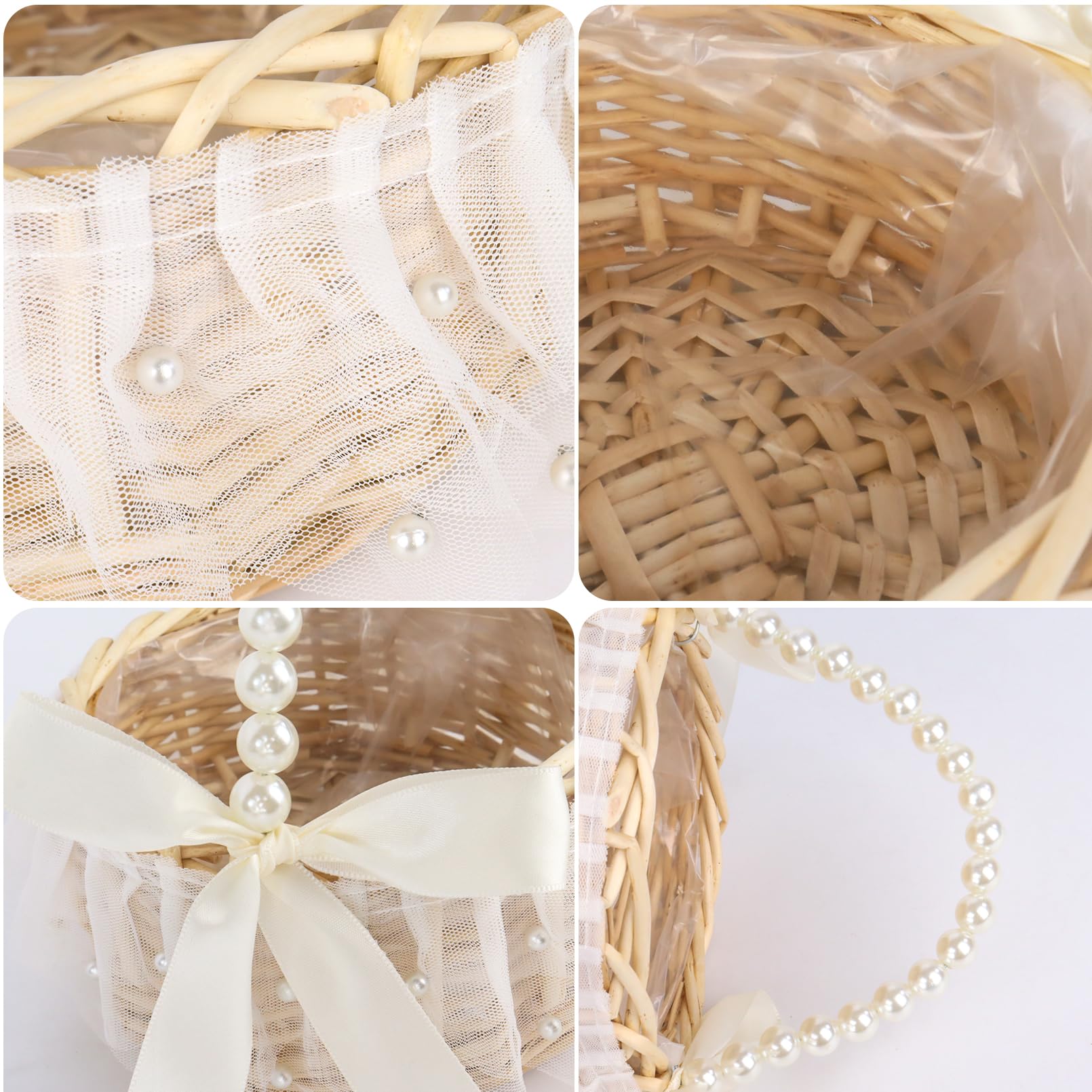 Blumenmädchen Korb 20×16 cm mit Henkel & Satin Schleife – Blumenkörbchen Hochzeit für Blumenkinder, Weiß