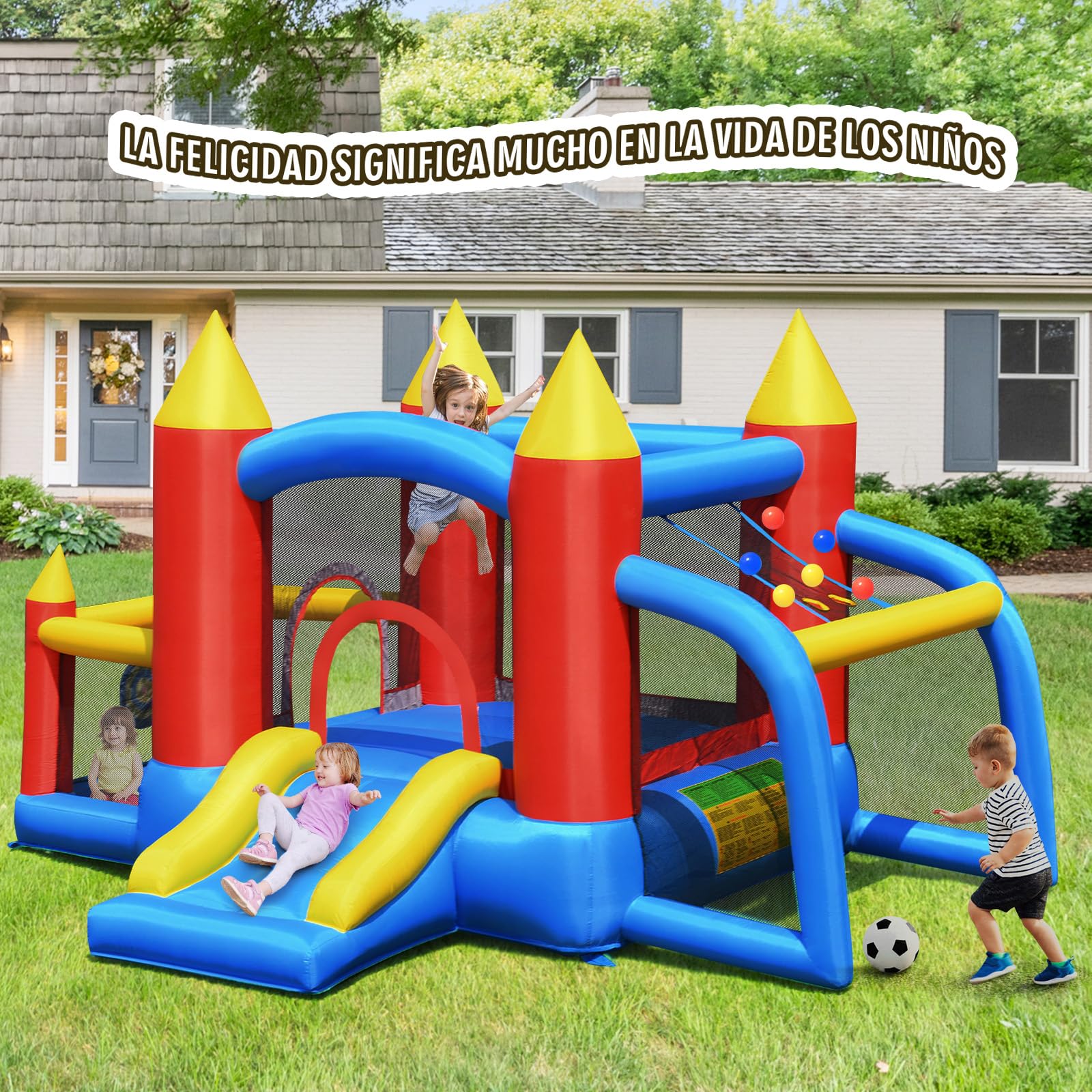 COSTWAY Castillo Hinchable con Tobogán para Niños con Soplador de Centro de Juego con 60 Pelotas Oceánicas,Portería de Fútbol,Bolsa de Transporte para Parque Patio Jardín Exterior