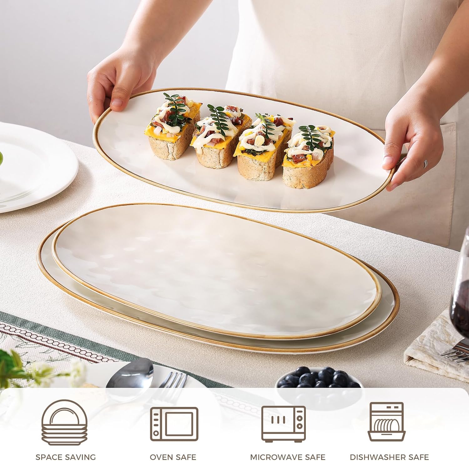 Ceramic Oval Serving Platter with Brown Rim: 15.6/14.3/12.9 Inch Large Serving Dishes for Entertaining Party, Turkey, Steak, Ham, Microwave Dishwasher Safe - Image 4