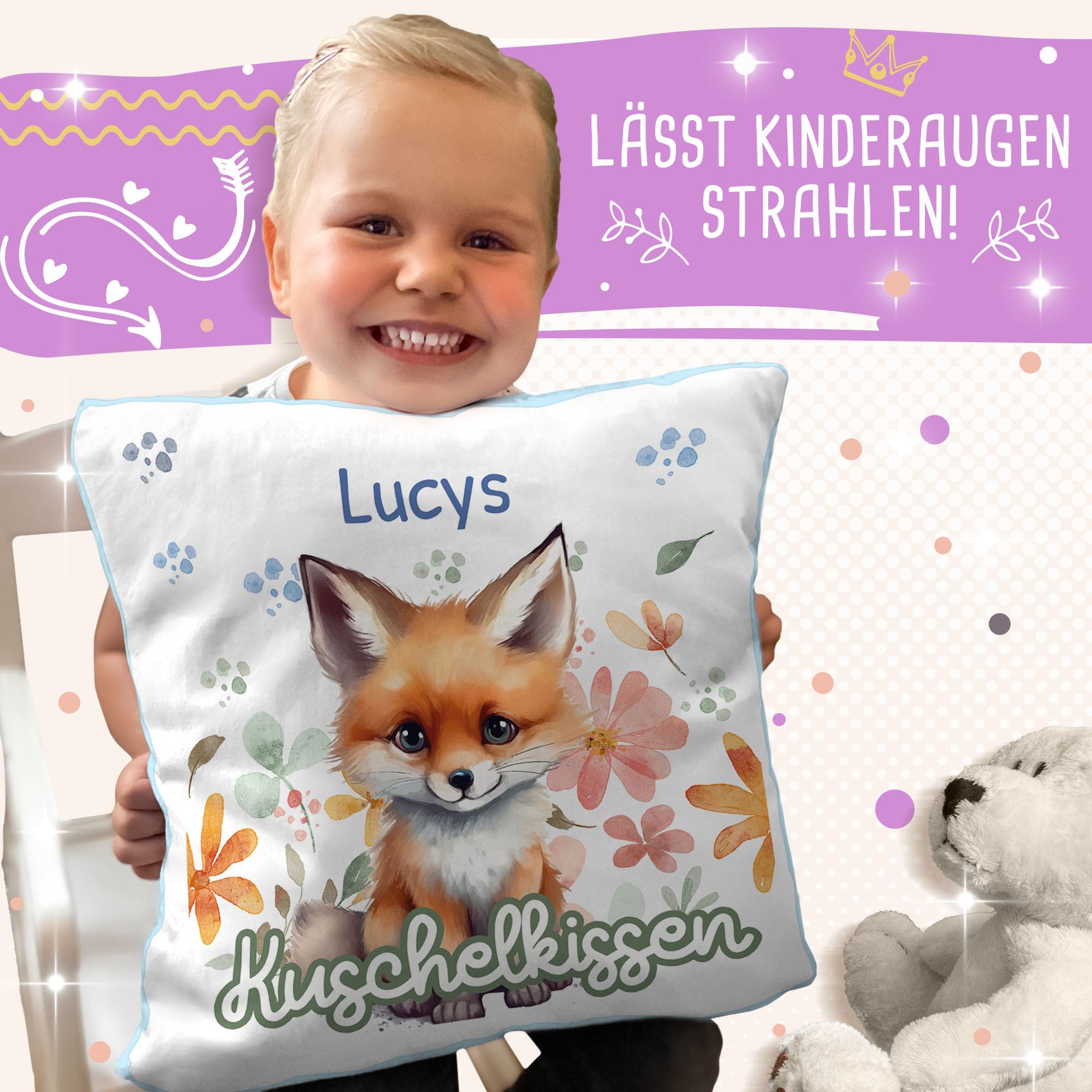 Print Royal PR Flauschiges Kuschel-Kissen für Kinder mit Füllung mit Name selbst gestalten - Fuchs Kissen für Mädchen und Jungs, Kinderkissen mit Name | 40 x 40 cm, Rückseite Hellblau Flauschig