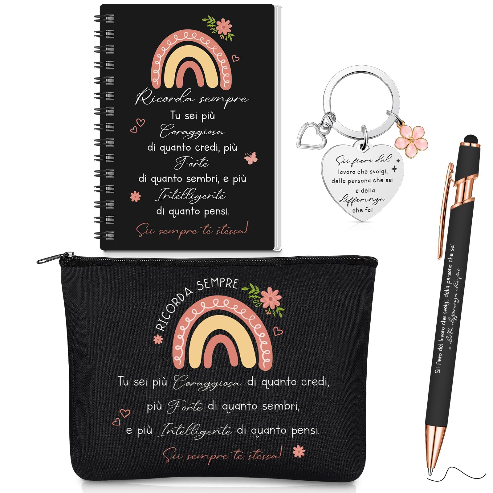 Hestya 4 Set di Regalo Motivazionale Personalizzati Compleanno Positive Regalo Penne Portachiavi Borsa per Cosmetici Taccuino Regali di Ringraziamento di Natale per Collega Donna Amica Compleanno
